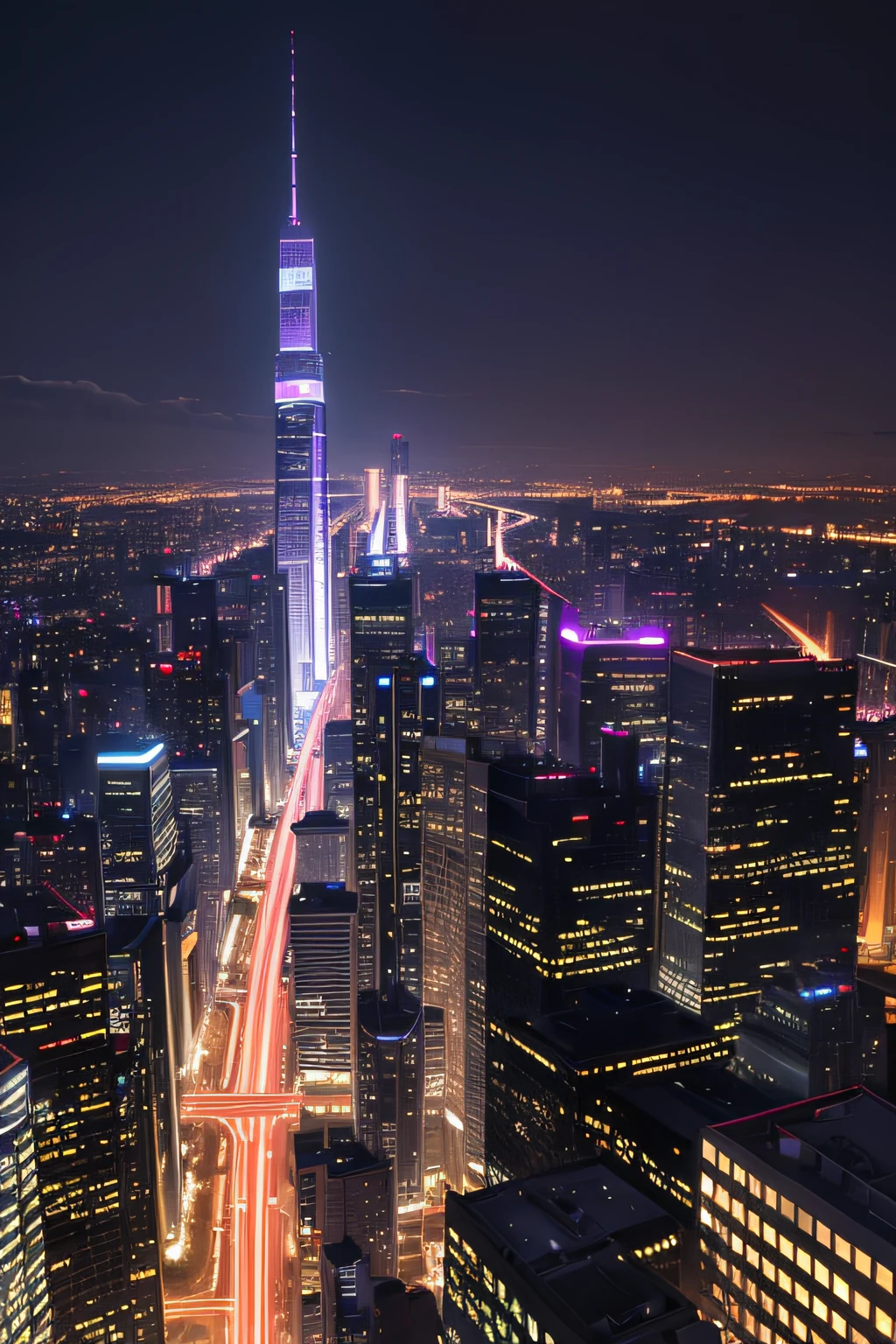 (best quality,4k,8k,highres,masterpiece:1.2),ultra-detailed,(realistic,photorealistic,photo-realistic:1.37),violet night city scenery,illuminated skyscrapers,glowing neon lights,reflection on wet pavement,distant car lights,shimmering stars in the sky,silhouettes of people walking,peaceful and mysterious atmosphere,urban landscape,modern architecture,tall and sleek buildings,nighttime charm,vibrant colors,dark alleys,twinkling street lamps,moonlight casting a soft glow,distant sound of traffic,futuristic feel,tranquil reflection of city lights on a calm river,serene park hidden in the city,whisper of a gentle breeze,contrasting shadows and highlights,nighttime tranquility.