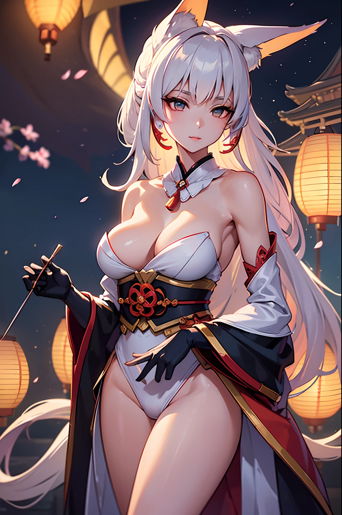(Best quality:1.2, ultra-detailed, photorealistic:1.3), colorful, brightly lit night scene, enchanting atmosphere. Beautifully detailed nine-tailed kitsune woman, with captivating emerald eyes, rosy cheeks, and silky long black hair flowing in the breeze. She has a slim and graceful figure, with a slender waist and long legs. Her petite frame is adorned with revealing traditional Japanese clothing, showcasing her alluring curves and assets. The kitsune woman stands in front of a majestic Japanese temple, illuminated by the soft glow of lanterns. The temple is decorated with intricate carvings and vibrant cherry blossoms, symbolizing beauty and renewal. The night sky is filled with sparkling stars, creating a magical backdrop. The kitsune woman's elegant posture exudes confidence and elegance, as she holds a mystical fox mask, adding an element of mystery to the scene. The ambience is filled with tranquility and a sense of wonder, inviting viewers to immerse themselves in the enchanting world of the nine-tailed kitsune.
