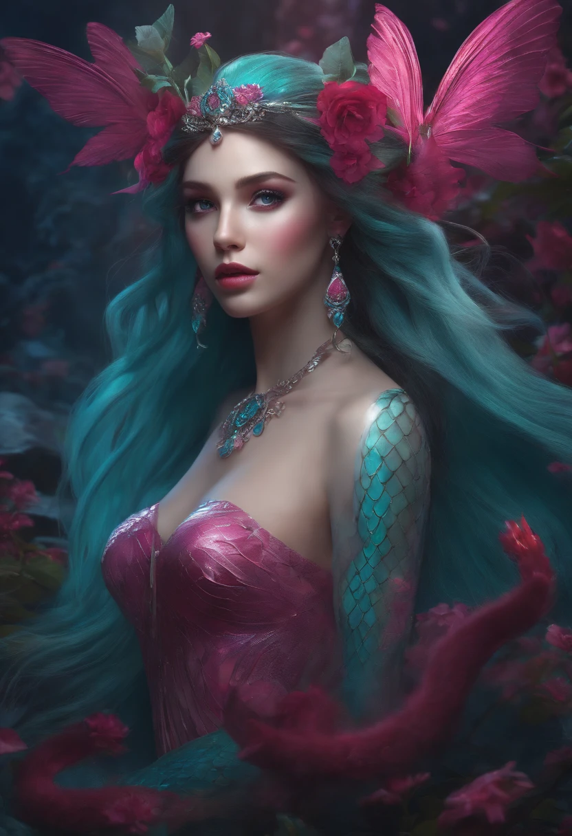 A princess fairy with dark pink and aqua, super long hair and stakes as well as snakes, black eyes, bright background, masterpiece, best quality, super detailed, high resolution, very detailed, 8k uhd, anime, (natural light), amazing, fine detail, best, high quality, RAW photo, full body photo, naked