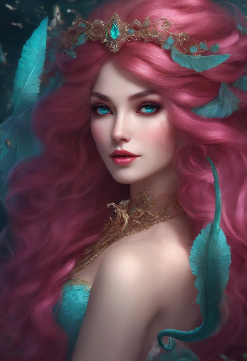A princess fairy with dark pink and aqua, super long hair and stakes as well as snakes, black eyes, bright background, masterpiece, best quality, super detailed, high resolution, very detailed, 8k uhd, anime, (natural light), amazing, fine detail, best, high quality, RAW photo, full body photo, naked
