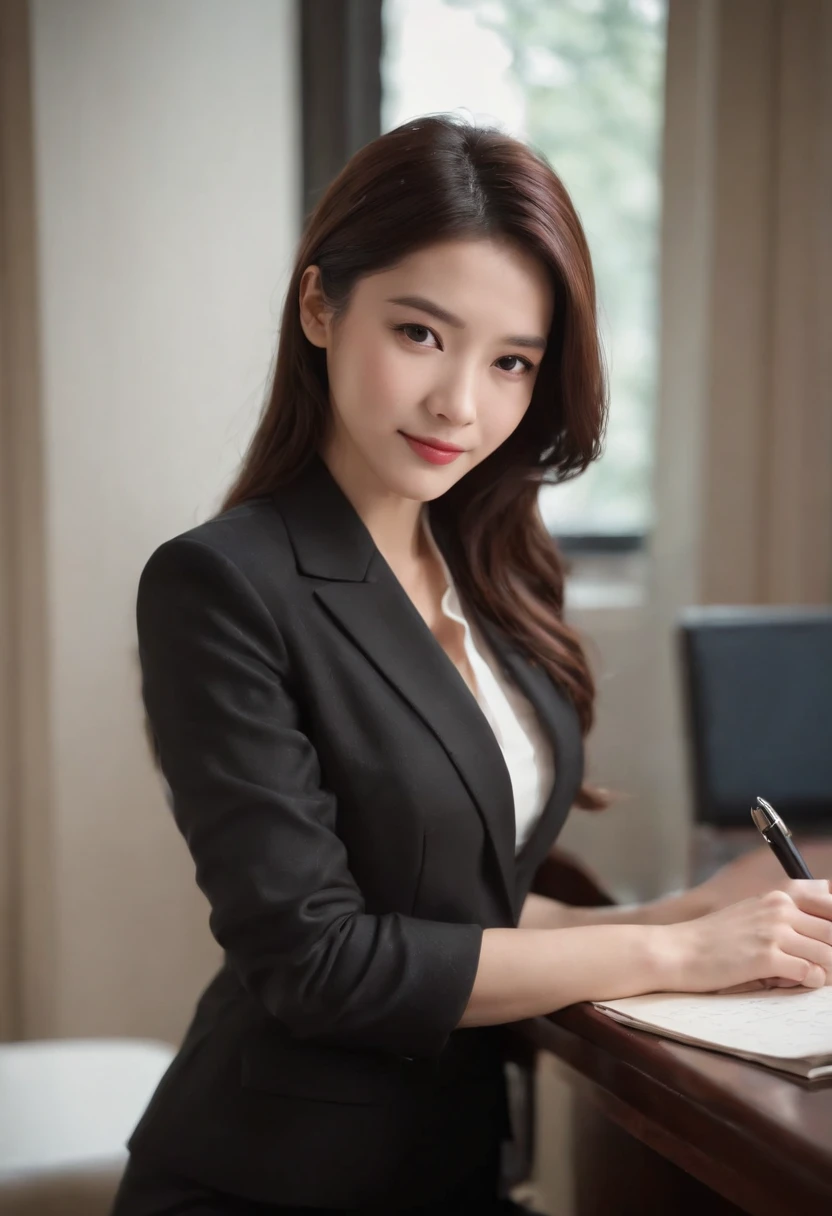 Wearing black leather gloves on both hands, Upper body, Black business suit, Facing the desk in my room with a computer in the dark, Look down and smile, Use a fountain pen to write a letter, Black hair was tied back for a long time, Japan female new employee who is still young and very cute (Black leather gloves cover both hands)