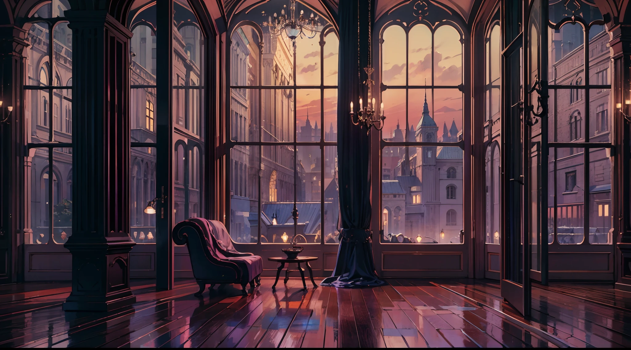 a lot of details, 8K, fentezi, Without people, Magic, Room, cozily, minimalist, darkly, the night, big windows