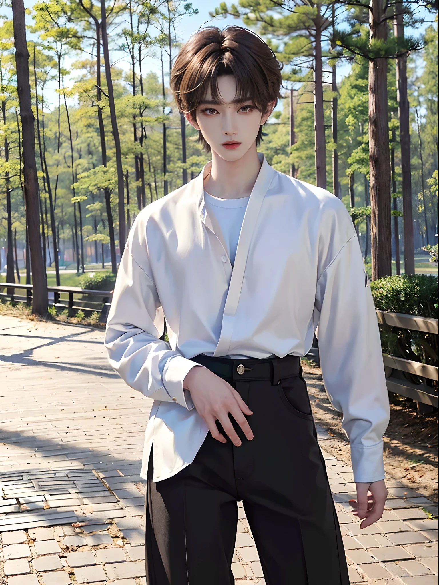 masterpiece、(top-quality)、((high-level image quality))、One Manly Boy、Slim body、((White Y-shirt and long black pants))、(Detailed beautiful eyes)、While strolling along the road at night in September、Face similar to Chaewon in Ruseraphim、((short hair above the ears))、((Smaller face))、((Neutral face))、((Light brown eyes))、((Korean boy))、((18year old))、((Handsome man))、((Wild look))、((Korean Makeup))、((elongated and sharp eyes))、((Walk in front of the viewer))、((shot from back))、((The upper part of the body))