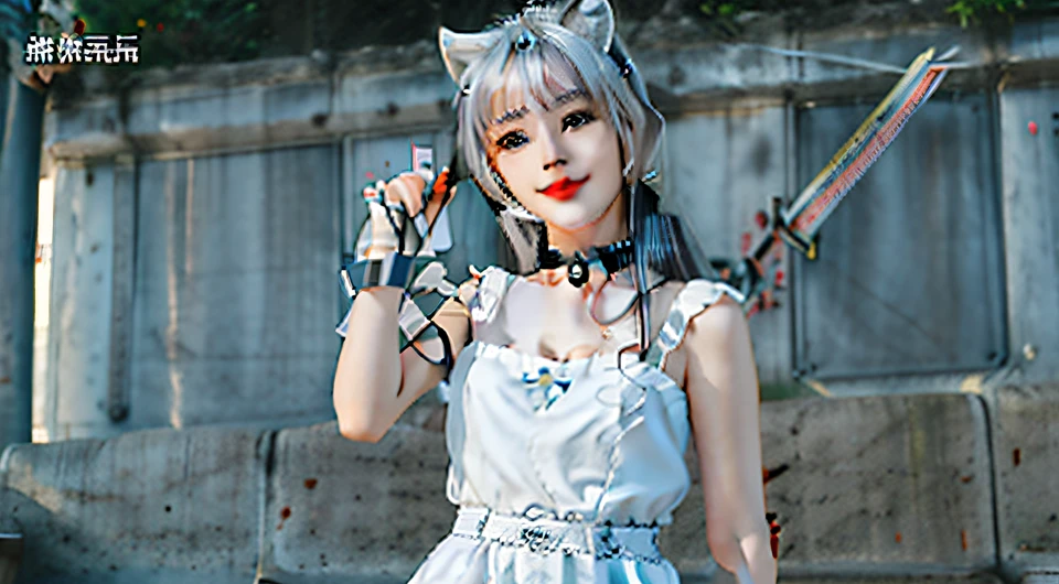 there is a woman with a cat head and a knife in her hand, white cat girl, white ( cat ) girl, attractive cat girl, beautiful young catgirl, catgirl, girl with cat ears, cat girl, inspired by Leng Mei, 2b, guweiz, 2 b, woman with cat ears, inspired by Sim Sa-jeong