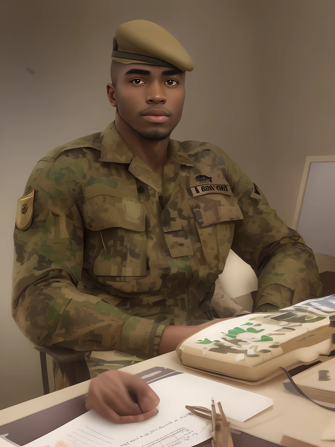 Personagem dos desenhos animados de um homem de cabelo preto, Smooth with brown eyes studying sitting at a desk imagining joining the military " army" , com o gorro preto