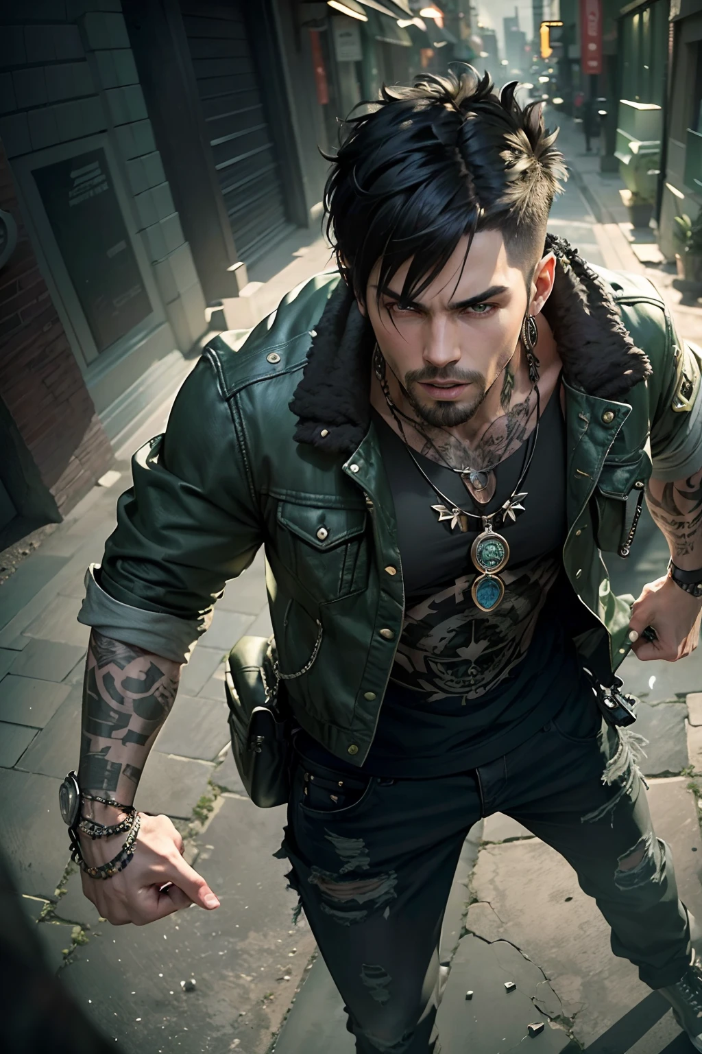 (masterpiece), far away zoomed out view, best quality, highly detailed, a white and Asian mixed male with short black hair wearing jeans and tactical jacket, wearing a unique necklace, (inviting expression), (green eyes), (1man in his late 30s), tattoos on arms, dramatic lighting from below, dark and moody background.