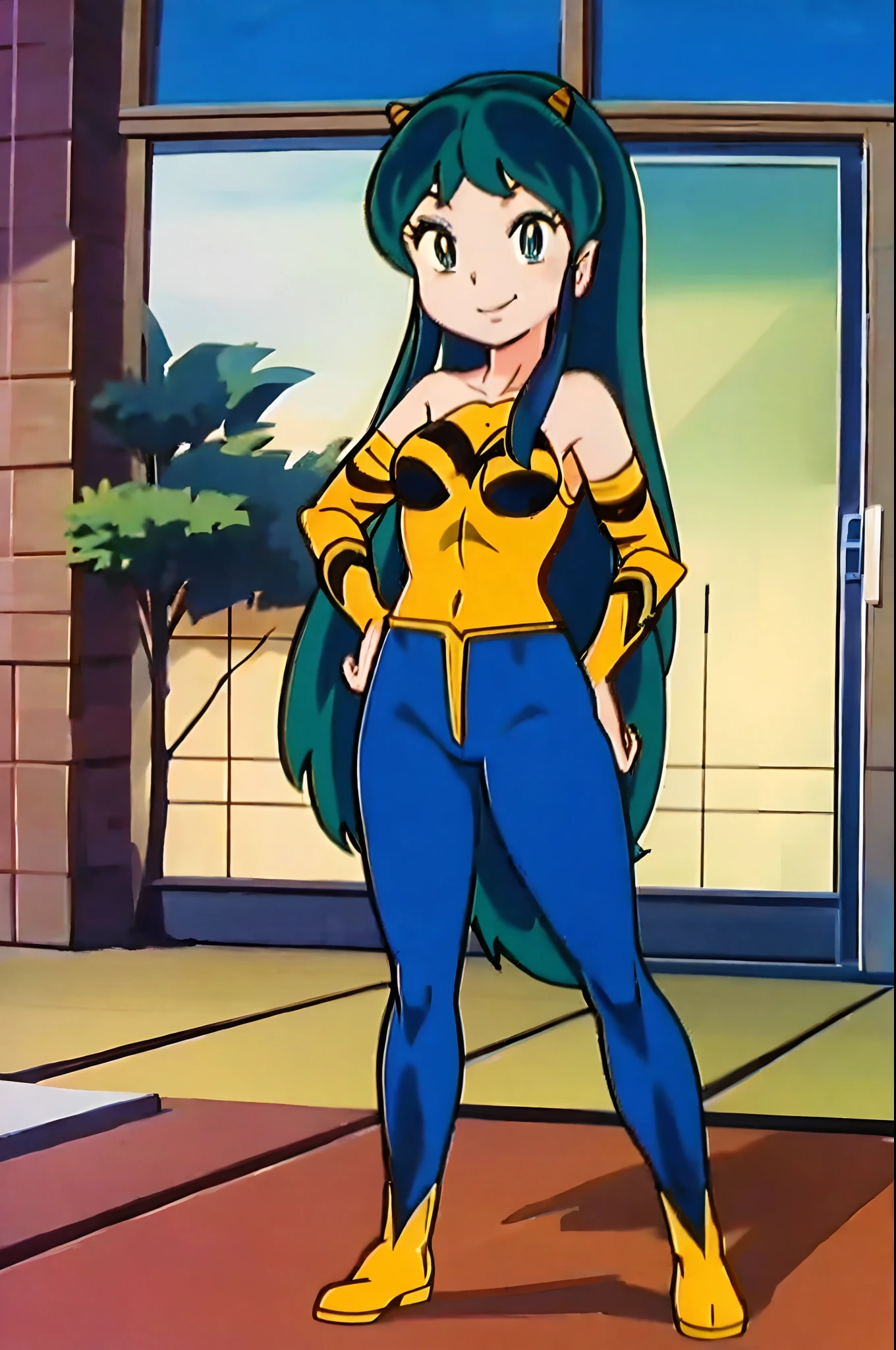 lum, superhero costume,, standing,, boots, oni, smile,, full body, sentai, pants, horns