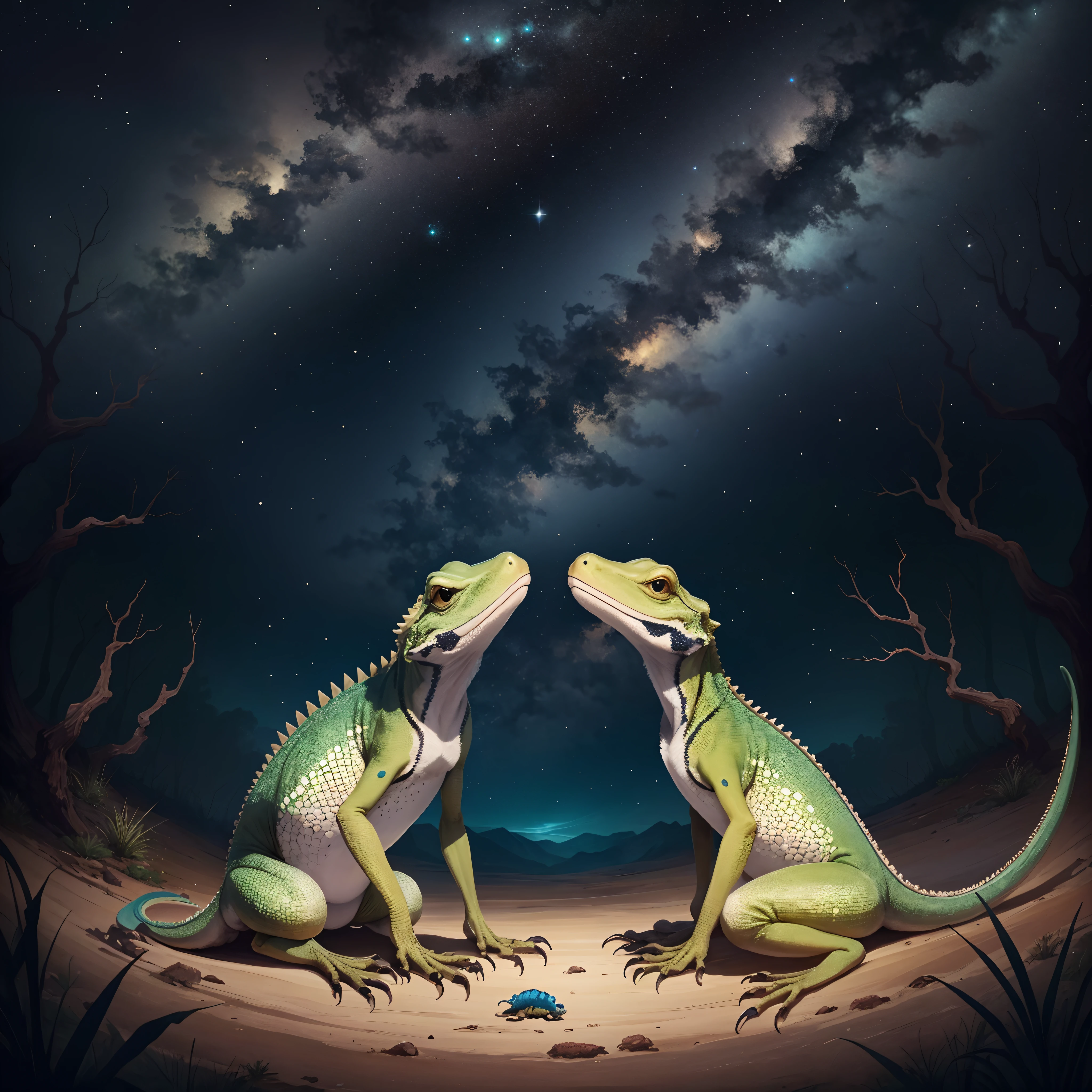 2D art style,Lizards looking up at the stars,Simple color patches