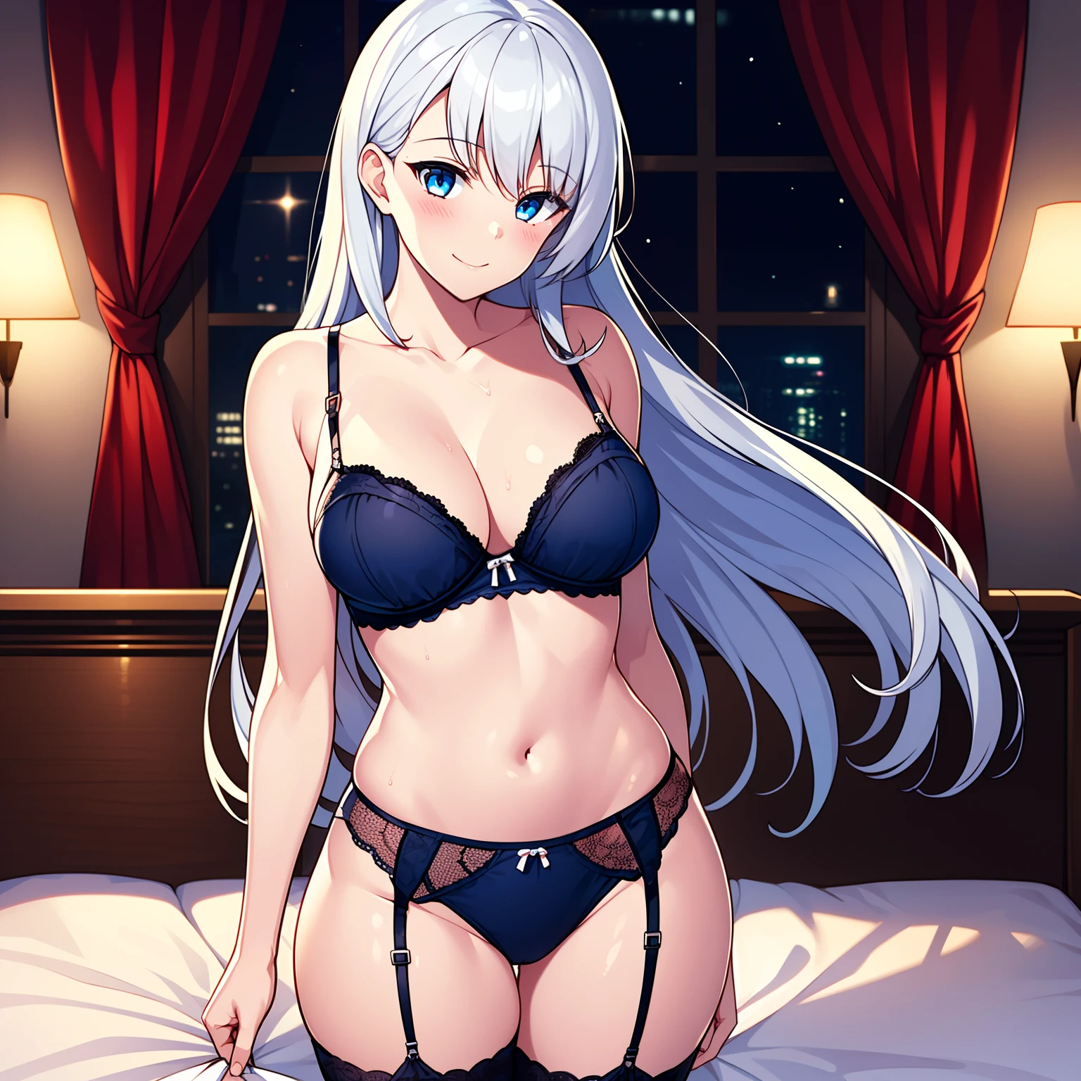 1girl,big breasts,standing in bed,(8k),detailed face,white hair,navy blue eyes,very long hair,embarassed,small smile face, high_res, high_definition,sexy pose, black Lace lingerie, (Sexy lingerie Custome:1.1),