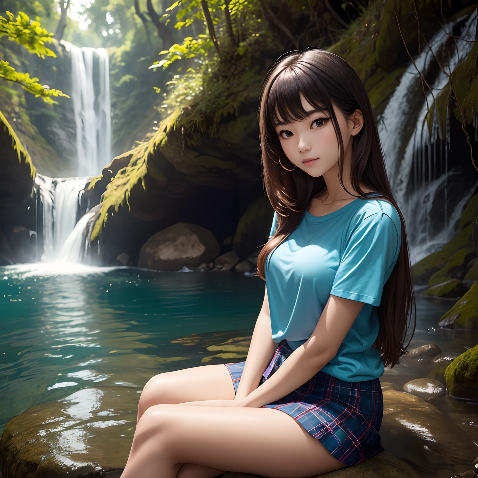 The most beautiful girl in the world, Long hair brass color, Wear a blue short-sleeved shirt., Wear a plaid miniskirt., Sitting near a waterfall in the forest
