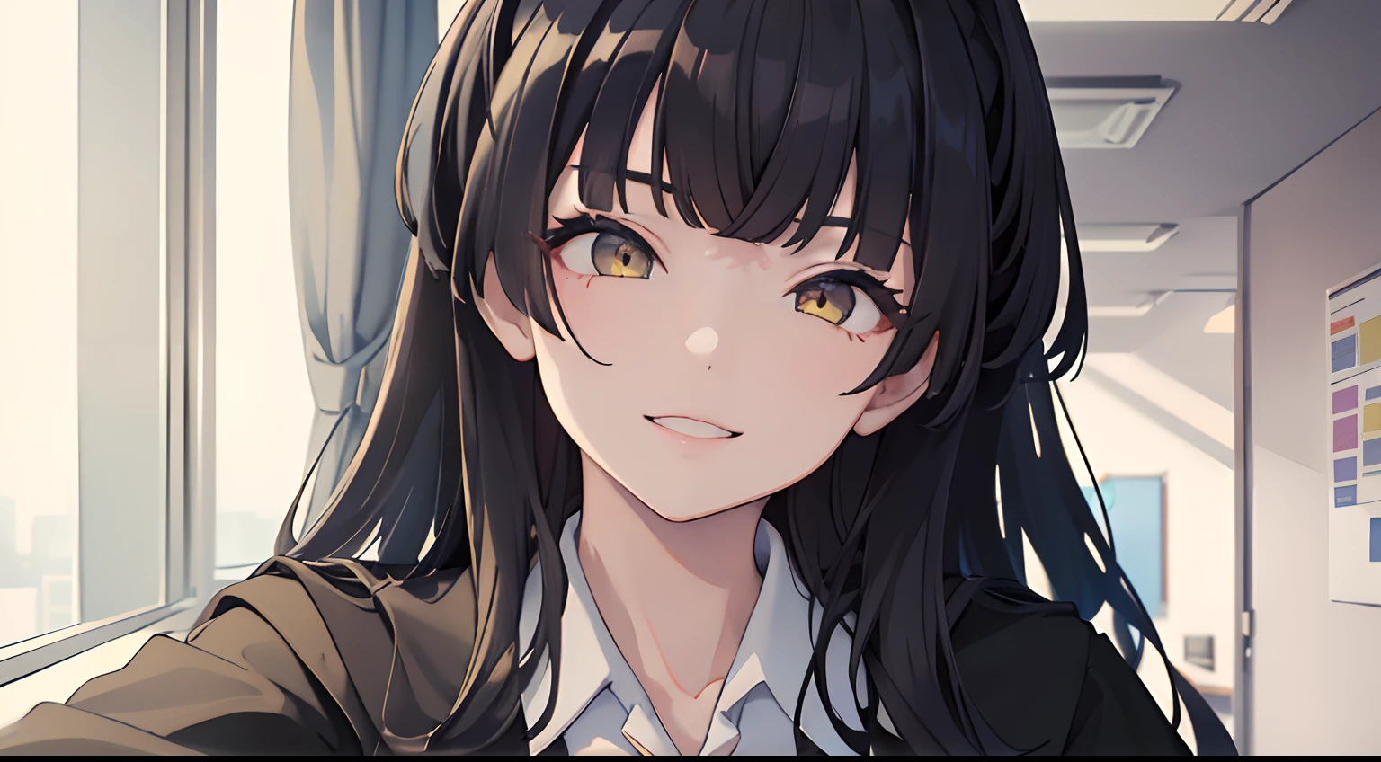 masterpiece, best quality, 1girl, black hair, ,yellow eyes, school uniform, hoodie, dark background, classroom, smiling, closed up, detailed eyes, detailed facial features, realistic and high resolution (best quality, 4k, 8k, highres, masterpiece:1.2).