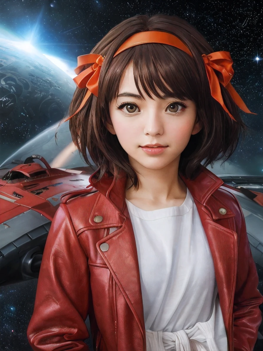 (highres, best quality:1.2), 1girl, radiance,  upper body, Haruhi Suzumiya as Starlord, guardians of the Galaxy, red leather coat,  suzumiya haruhi, solo, brown hair, short hair, brown eyes,  hairband, medium hair, ribbon, cowboy shot, ((photo)), 8k, japanese teenage girl, spaceship, starry sky