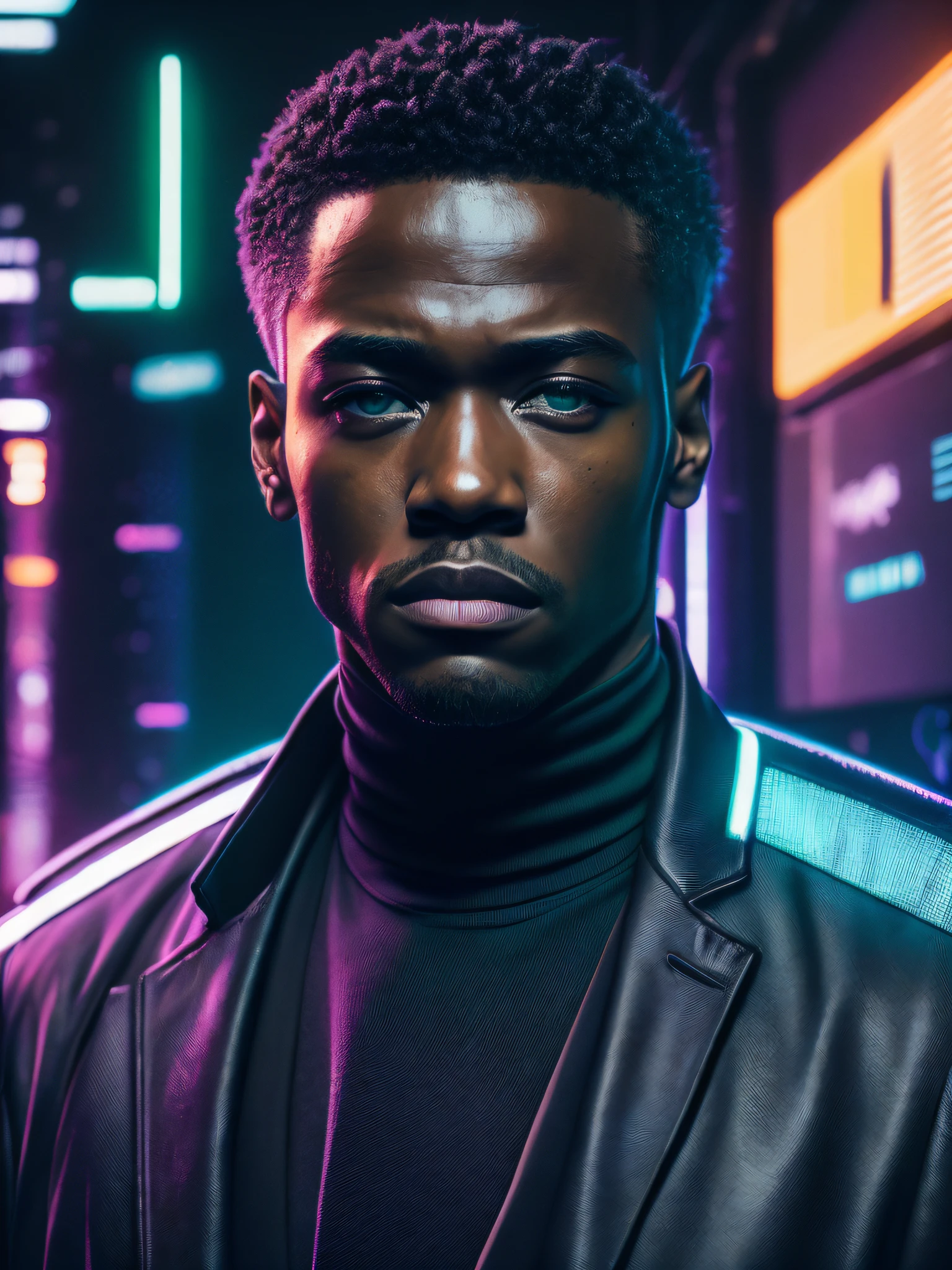 macro crisp quality, face front, front facing close up portraint, of cyberpunk brutal black man wearing a black business suit with black mock turtleneck, in cyberpunk neon room, rough skin, look at a camera, glowing eyes, age 40, cinematic, dimmed colors, dark shot, muted colors, film grainy, lut, spooky