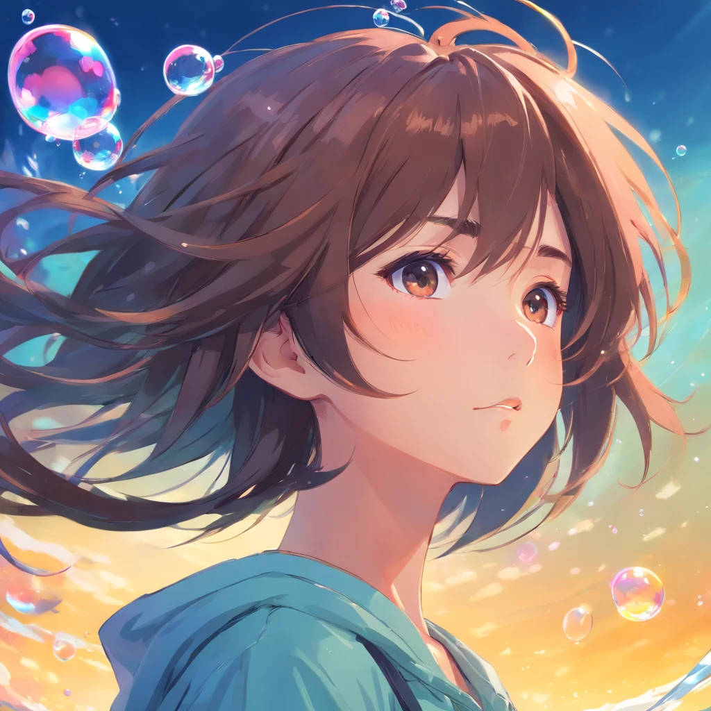 Xingqiu (masterpiece), (best quality), (ultra detailed),(disheveled hair),(illustration), (1boy), beautifuldetailedeyes,delicate beautiful face,Floating,(high saturation),(colorful splashes),colorful bubble,(shining),focus on face