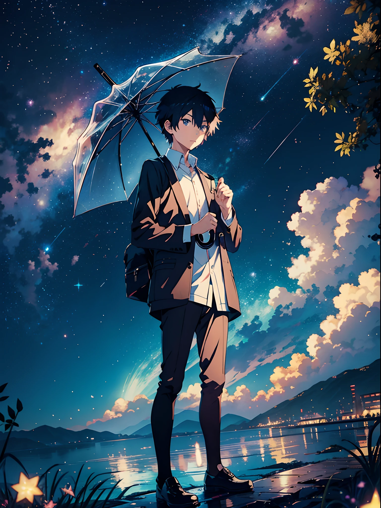 anime guy with a transparent umbrella, stars in thr sky