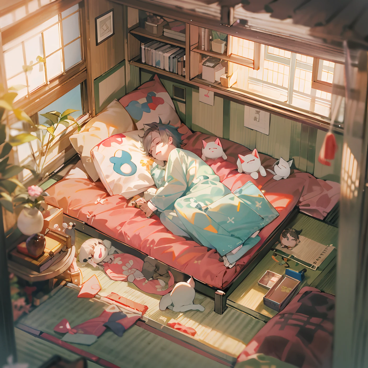Boy sleeping in tatami room、Grandma rolls up the futon in the morning、The boy is sleeping curled up on his side、Bedwetting futon、Looking at it from above at an angle、The shoji opens and a cat comes in、The morning sun shines into the room、The boy who played onesho is still sleeping、Grandma wakes up the boy、It's morning, wake up、