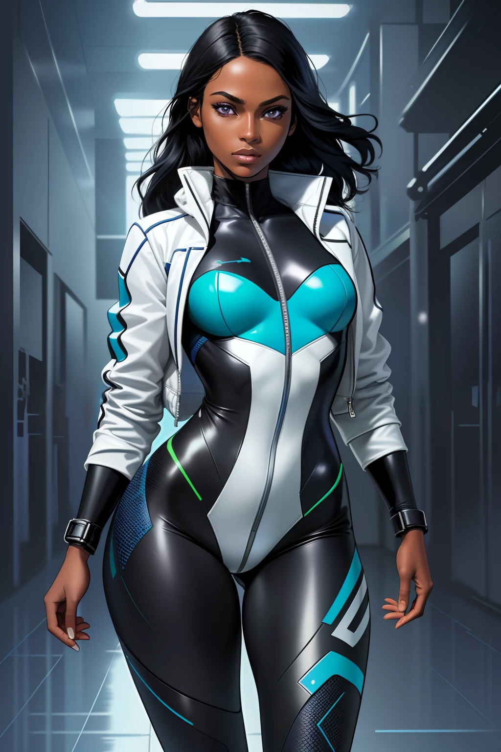 (comic style:1.3), (line art:1.5), (full body),(masterpiece, award winning, best quality:1.3), (flat color:1.3),(colorful:1.3), 1 girl ((solo)), Latina, supermodel, dark skin, long black hair, purple eyes, wearing a body suit (white and blue), blue shoes, (white short jacket), fashionable, volumetric lighting, subsurface scattering, (good anatomy, good proportions, good composition, highest quality, award winning, masterpiece), dynamic pose, cinematic, (intricate, detailed), realistic detailed fabric textures,
