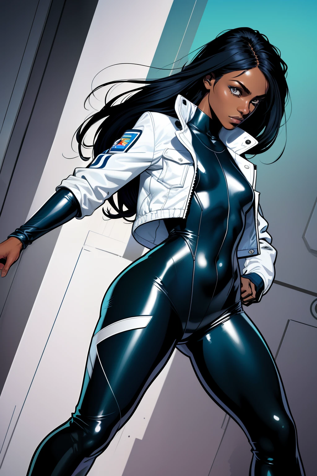 (comic style:1.3), (line art:1.5), (full body),(masterpiece, award winning, best quality:1.3), (flat color:1.3),(colorful:1.3), 1 girl ((solo)), Latina, supermodel, dark skin, long black hair, purple eyes,  wearing a blue and white wet suit, blue shoes, (white short jacket), fashionable, volumetric lighting, subsurface scattering, (dark skin, good anatomy, good proportions, good composition, highest quality, award winning, masterpiece), dynamic pose, cinematic, (intricate, detailed), realistic detailed fabric textures,