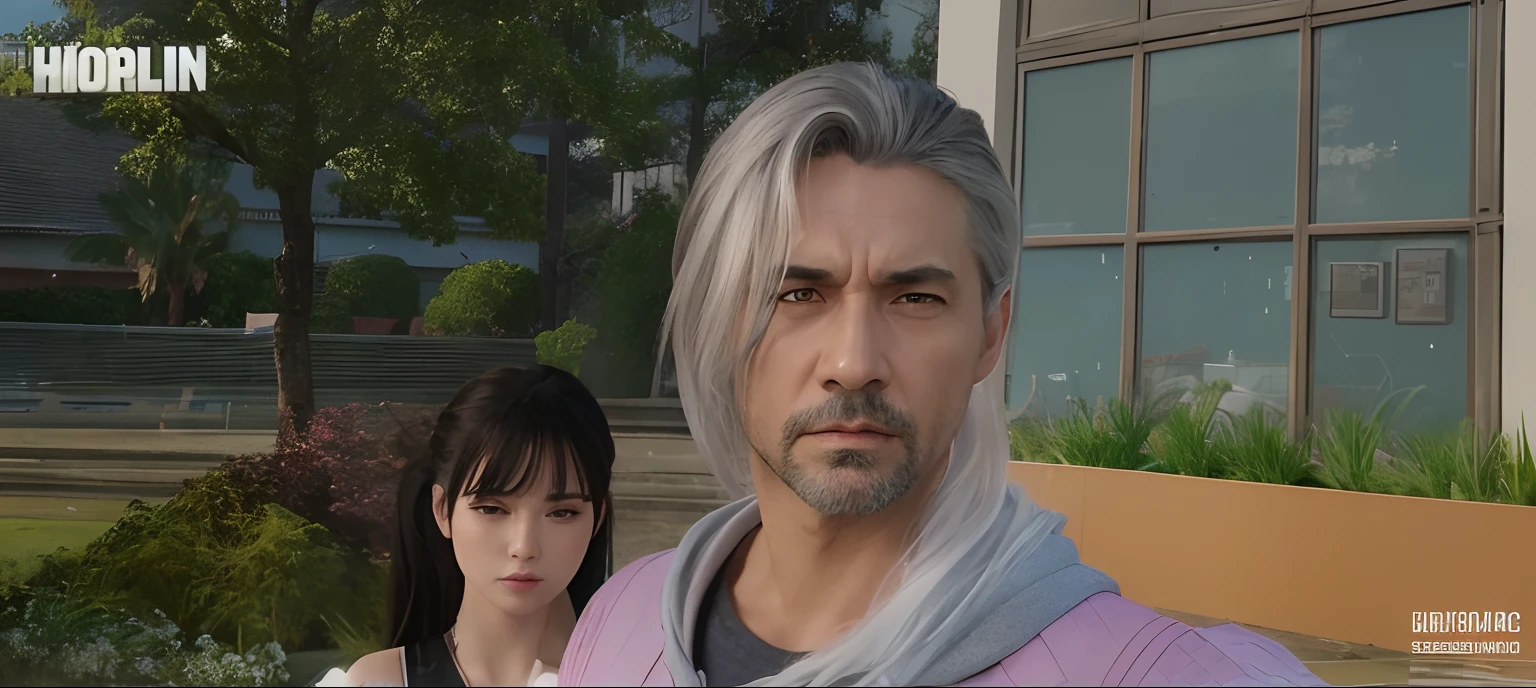 there is a man and a woman standing in front of a building, he has dark grey hairs, with fully detailed faces, with very highly detailed face, handsome stunning realistic, detailed and realistic faces, silver hair (ponytail), uhd realistic faces, extremaly detailed futuristic, ultra quality,