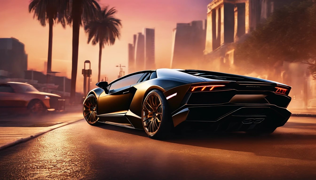 a close up of a lamborghini car parked on a city street, wallpaper mobile, cinematic poster, realistic, like matrix, motivational poster,black color lamborghini car, money raining from the sky,cinematic 4 k wallpaper, cinematic 4k wallpaper, matrix lut, poster!!!, gta v poster style, automotive photography, cinematic matte illustration, matte digital illustration, amazing wallpaper, matte painting movie poster, gta loading screen art, desktop wallpaper 4k 16:9