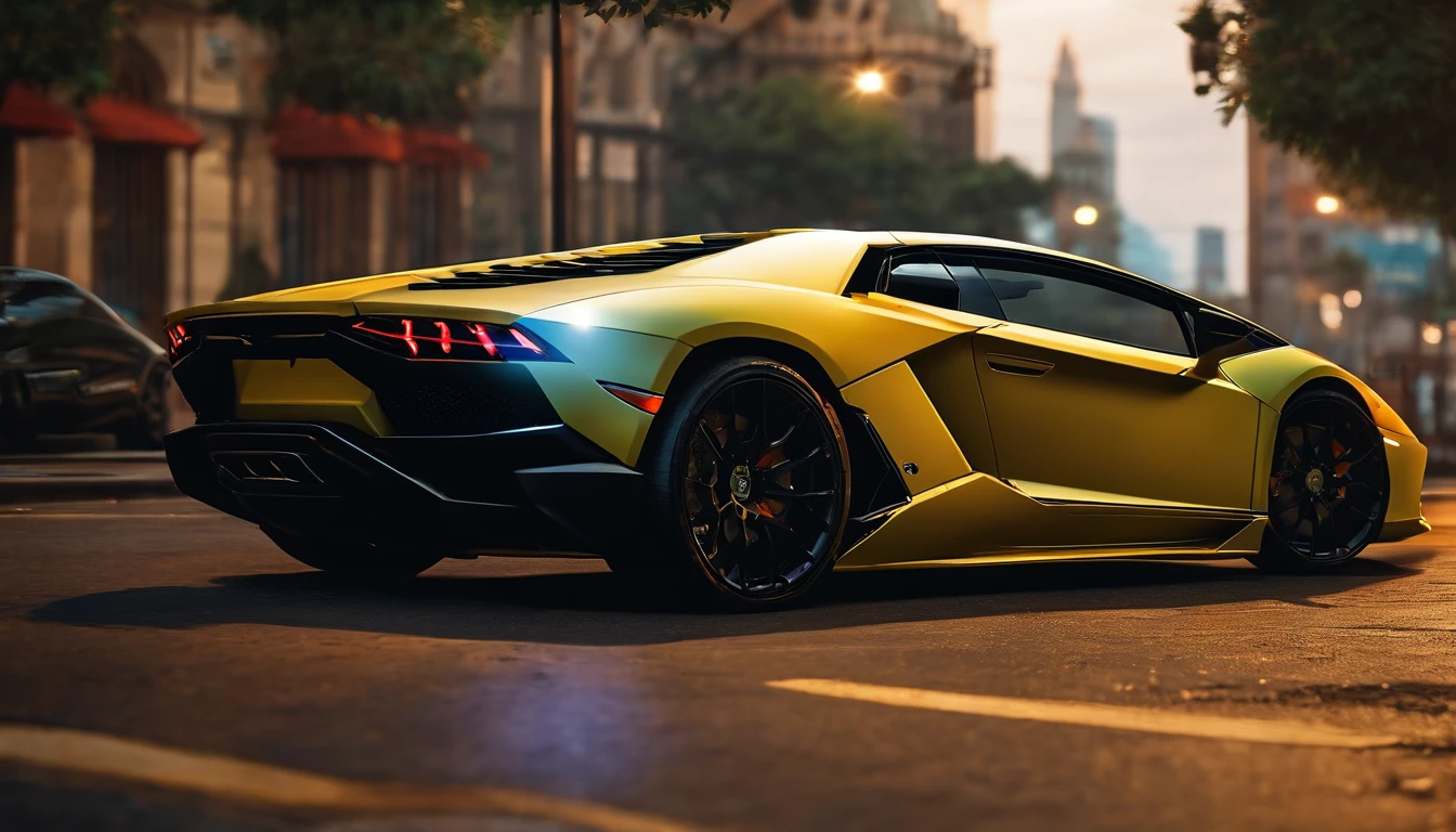 a close up of a lamborghini car parked on a city street, wallpaper mobile, cinematic poster, realistic, like matrix, motivational poster,black color lamborghini car, money raining from the sky,cinematic 4 k wallpaper, cinematic 4k wallpaper, matrix lut, poster!!!, gta v poster style, automotive photography, cinematic matte illustration, matte digital illustration, amazing wallpaper, matte painting movie poster, gta loading screen art, desktop wallpaper 4k 16:9