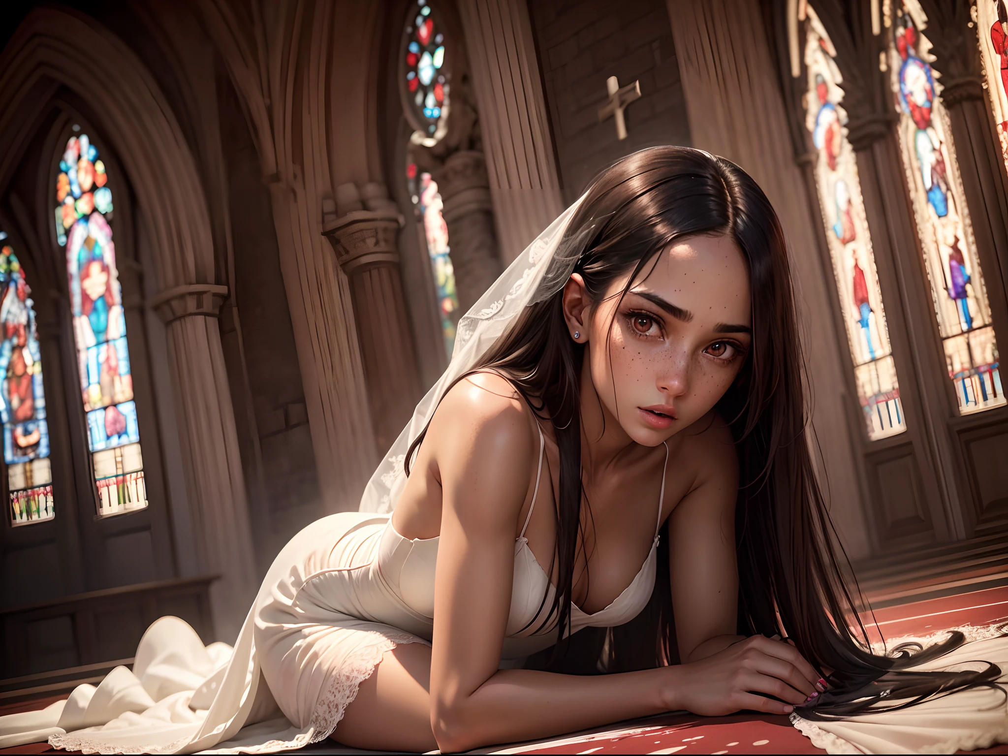 Ultra realistic image of a 25 year old woman, beautiful, slender, long straight hair, extremely detailed eyes, extremely detailed mouths, freckles on her face, dark tanned skin, wearing a wedding dress stained with blood, kneeling in an evangelical church, shocked expression, night scenery