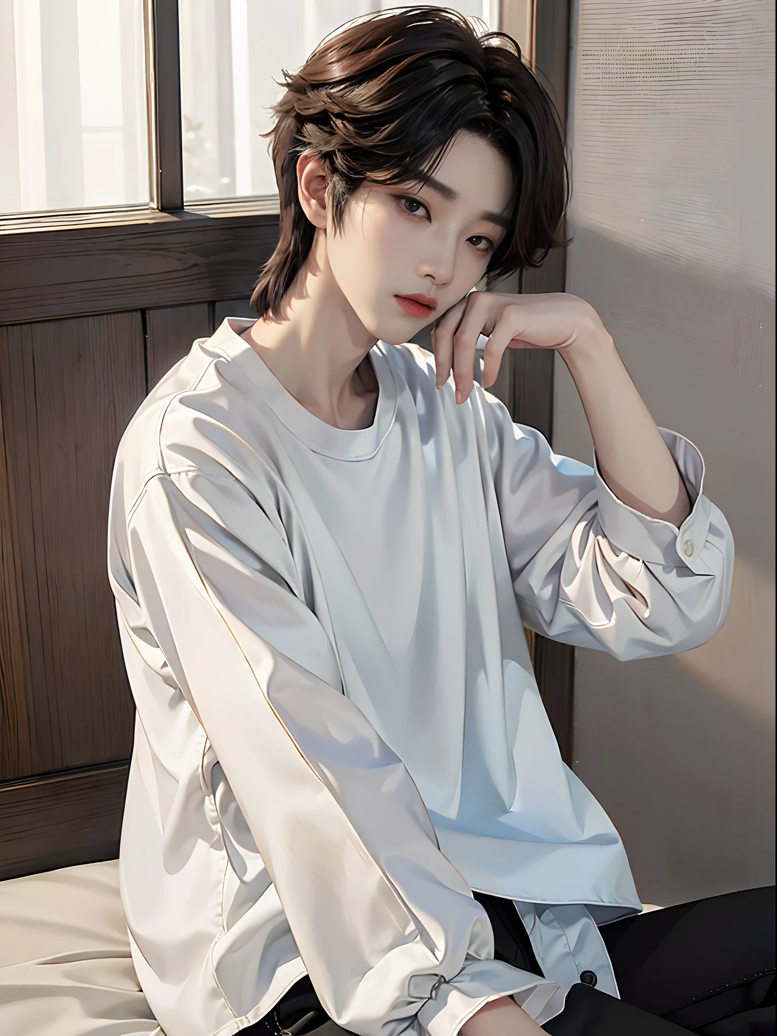 ​masterpiece、（top-quality)、((high-level image quality))、One Manly Boy、Slim body、((White Y-shirt and long black pants))、(Detailed beautiful eyes)、September Night Road、sitting on a curb、Face similar to Chaewon in Ruseraphim、((short hair above the ears))、((Smaller face))、((Neutral face))、((Light brown eyes))、((Korean boy))、((18year old))、((Handsome man))、((Wild look))、((Korean Makeup))、((elongated and sharp eyes))、((Sit next to the viewer))、((shot from a side angle))、((The upper part of the body))、((Close-range shooting))