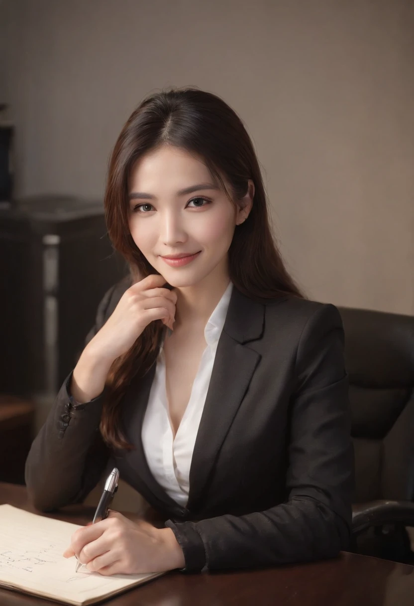 Wearing black leather gloves on both hands, Upper body, Black business suit, Facing the desk in my room with a computer in the dark, Look down and smile, Use a fountain pen to write a letter, Black hair was tied back for a long time, Japan female new employee who is still young and very cute (Black leather gloves cover both hands)