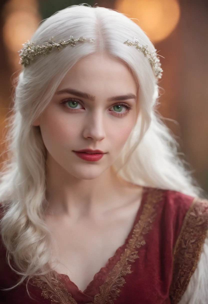 (((a deep reddish wound crosses her left cheek))) fair complexion, woman around 19 years old, natural white hair, distinctive green eyes, wearing kohl, slender and graceful, beautiful, candlelight in a medieval setting, ultra sharp focus, realistic shot, medieval female clothes, tetradic colors (scar:1.4)