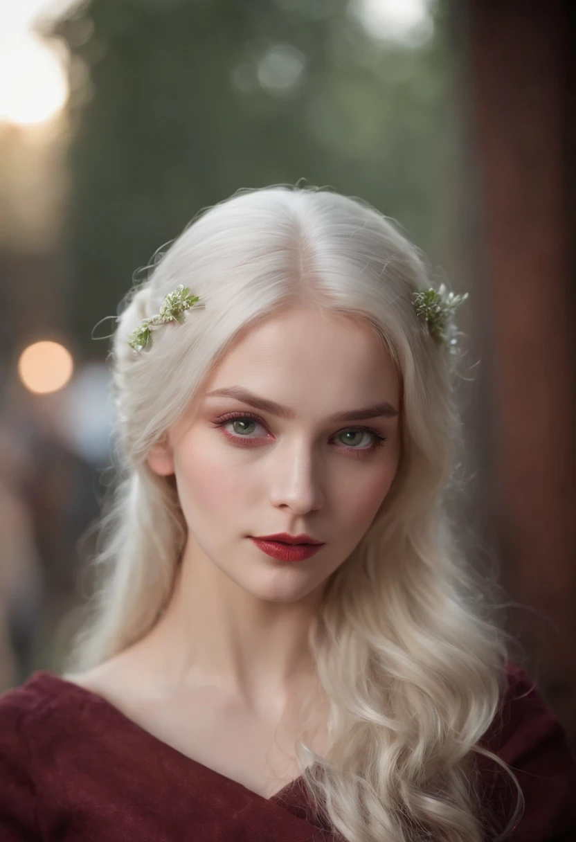 (((a deep reddish wound crosses her left cheek))) fair complexion, woman around 19 years old, natural white hair, distinctive green eyes, wearing kohl, slender and graceful, beautiful, candlelight in a medieval setting, ultra sharp focus, realistic shot, medieval female clothes, tetradic colors (scar:1.4)