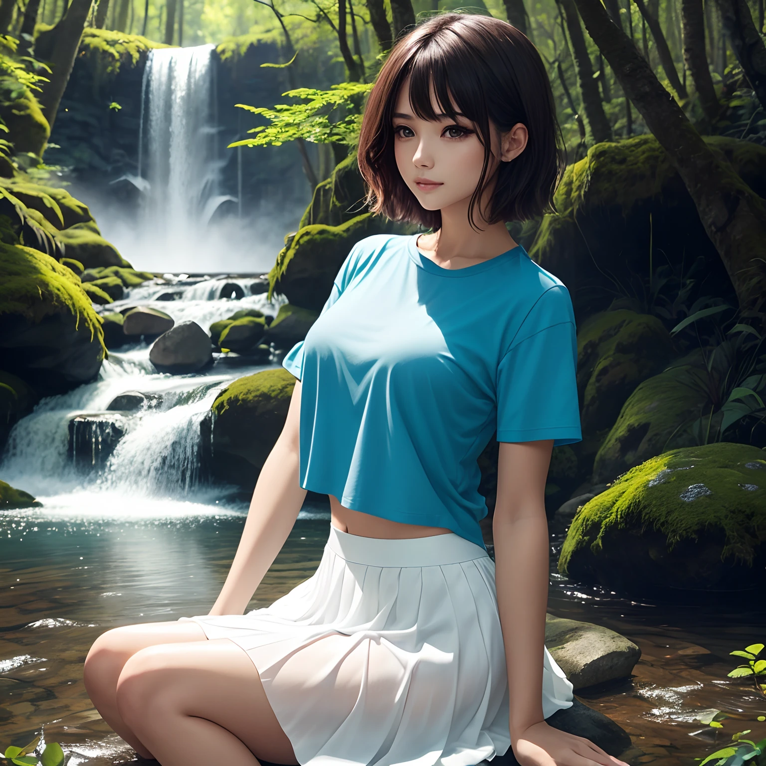 The most beautiful women in the world, Himecut hair., Wear a blue short-sleeved shirt., Wear a long clear white skirt.., Play Waterfall in the Forest