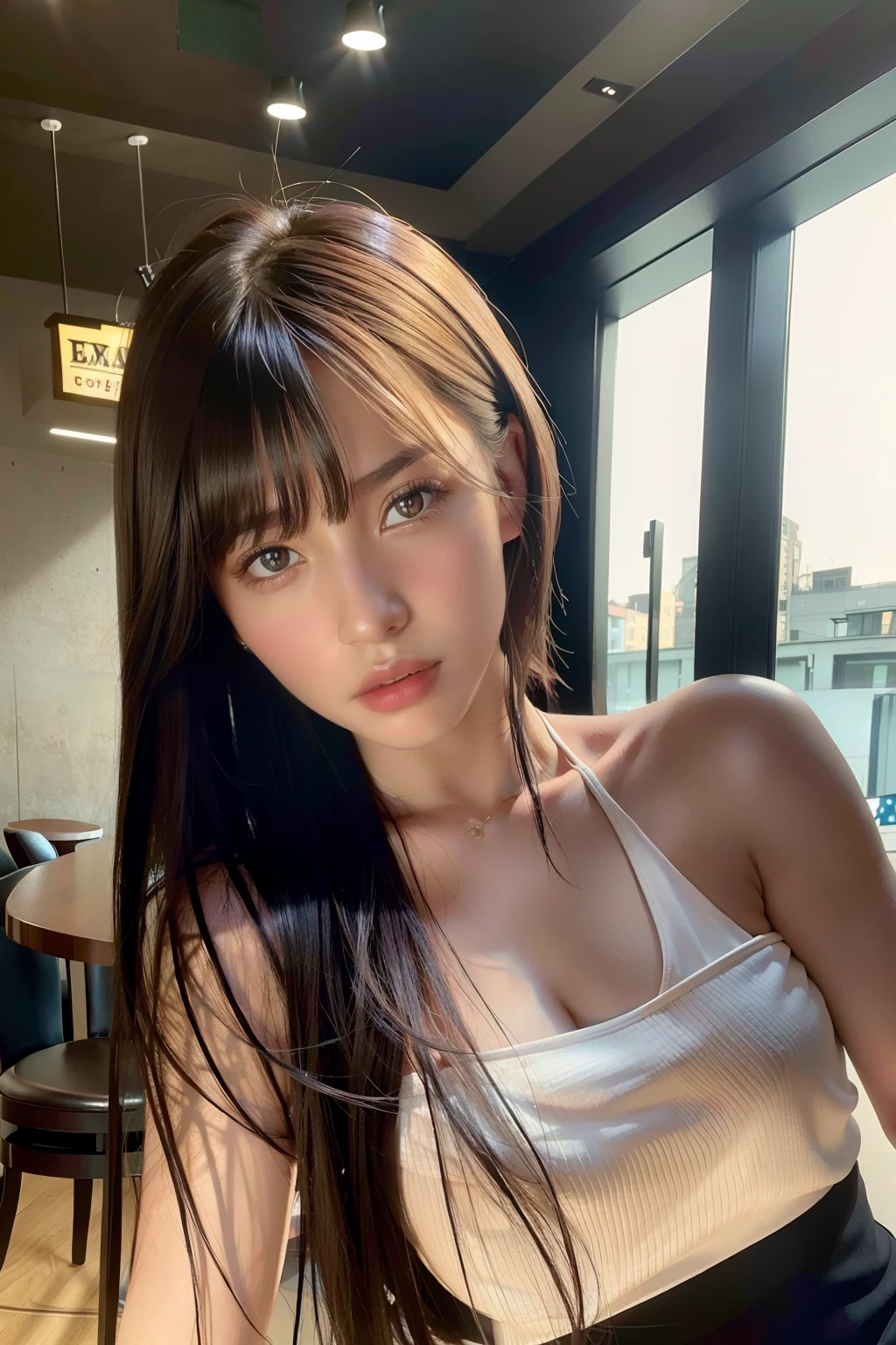 Best quality, masterpiece, ultra high res, (photorealistic:1.4), raw photo, 1girl, waist up, in coffeeshop, deep shadow, dark theme ((black hair)) ((perfectly proportioned)) ((beautiful girl)) ((realistic skin)) ((realistic lighting)) ((photographic))