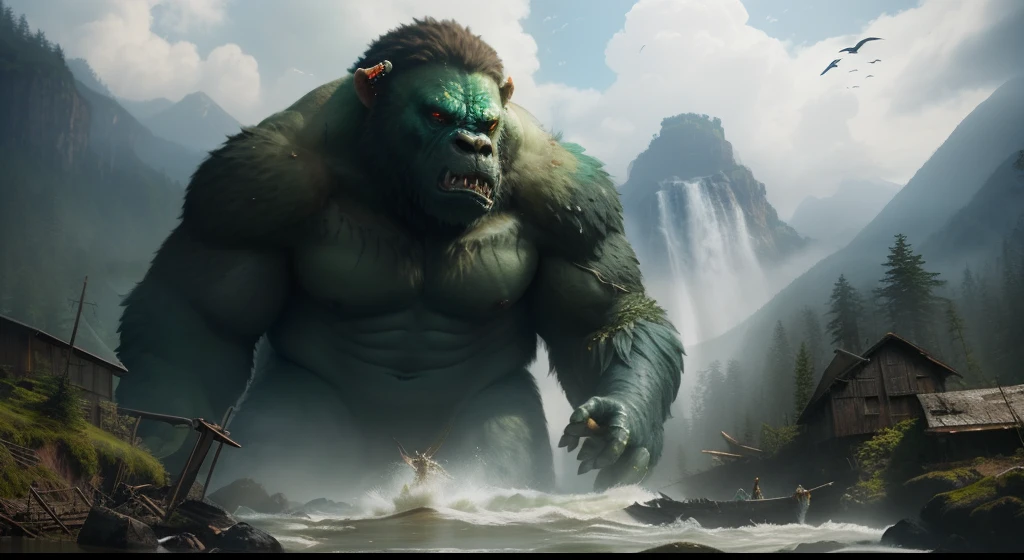 um monstro gigante no meio de um rio cercado por montanhas, Wojtek FUS, Sasquatch deslumbrante, Excessivo, montanha gigante imponente, arte fantasia behance, Orc, Um Orc, big titan creature in the center, Directed by: Darryl Zabrocki, Directed by: Raimundo Han, inspirado em Ryan Barger, arte do jogo pintura fosca, Directed by: Ryan Barger