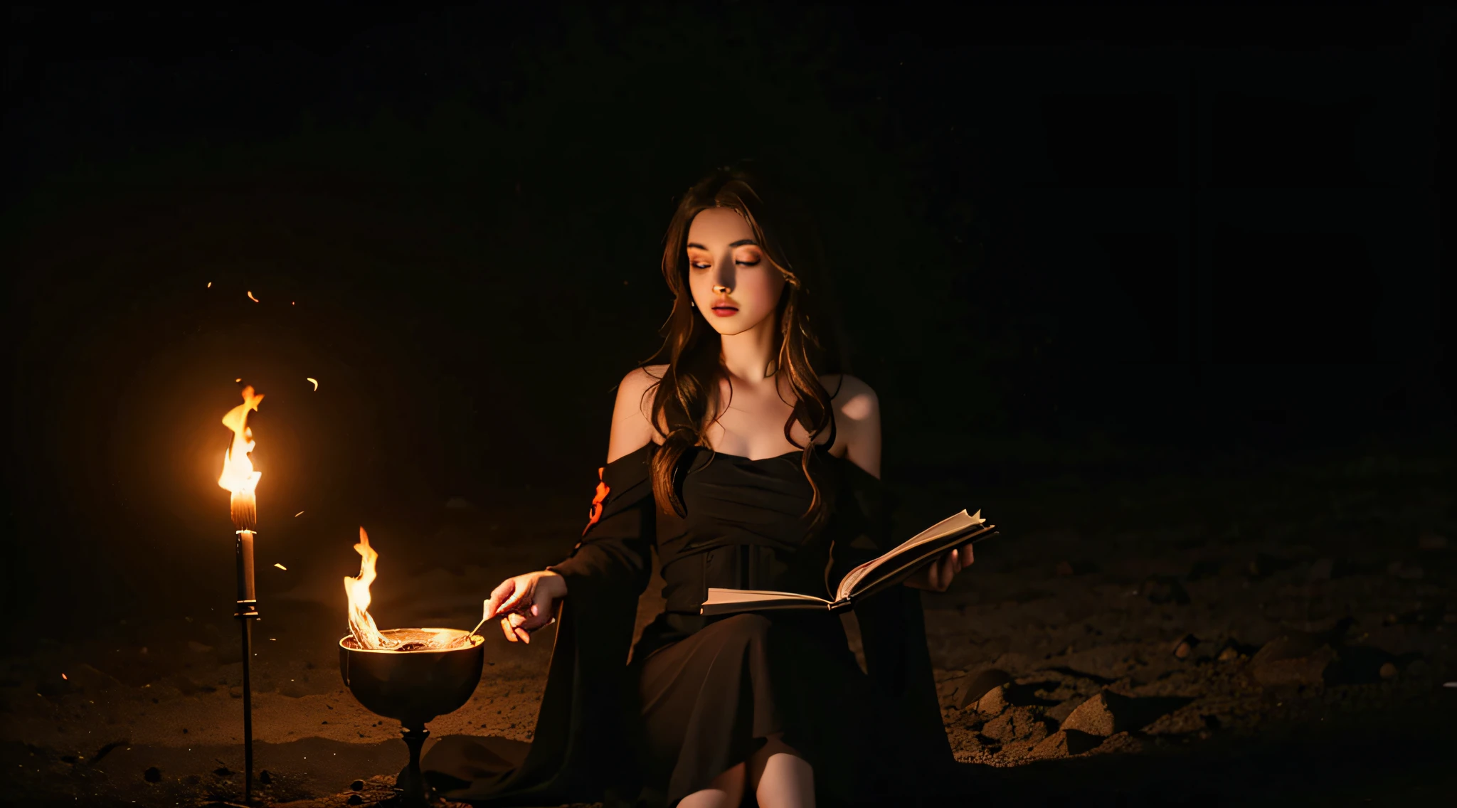 Beautiful girl, super beautiful, 8k, small breasts, brown hair, dark eye shadow makeup, meditating, black gothic dress, sitting cross-legged, burning embers and loose book pages floating around her, magical, fantasy, moonlight