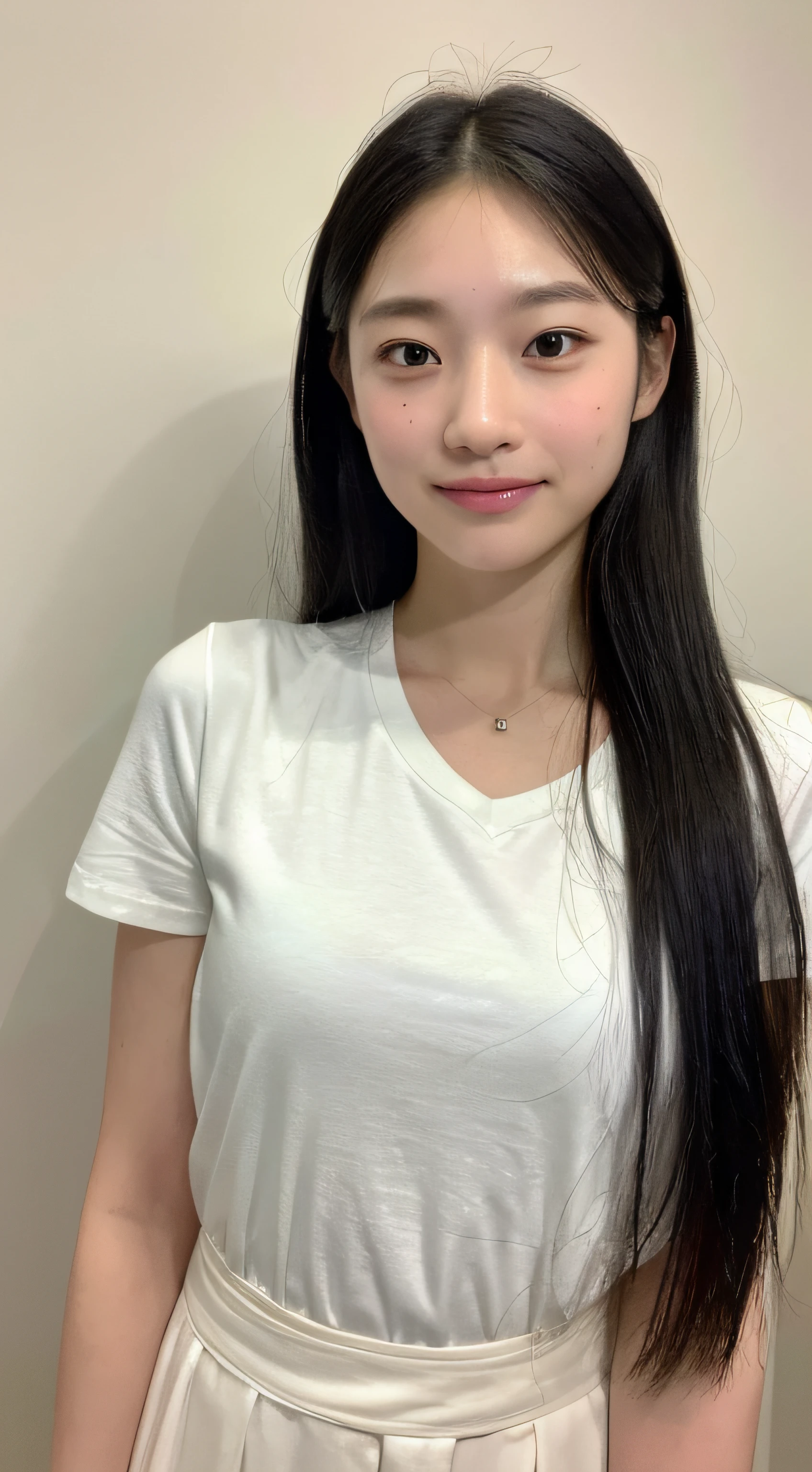 ((top-quality、8k、masterpiece:1.3))、foco nítido:1.2、femele:1.4、((elementary student))、((7 years old))、white t-shirts、Layered Haircut、Highly detailed facial and skin texture、((Narrow-eyed))、A slight smil、Upper body with all your face in、Looking at the front、((White background))、japanes、Natural facial features