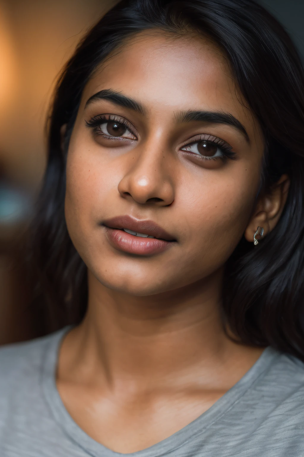 (close-up, editorial photograph of a young Indian woman), portrait of harini , (highly detailed face:1.4) (smile:0.7) (background inside dark, moody, private study:1.3) POV, by lee jeffries, nikon d850, film stock photograph ,4 kodak portra 400 ,camera f1.6 lens ,rich colors ,hyper realistic ,lifelike texture, dramatic lighting , cinestill 800, realistic, grey t shirt, actress, karla ortiz, posing!!, candid picture, by Max Dauthendey