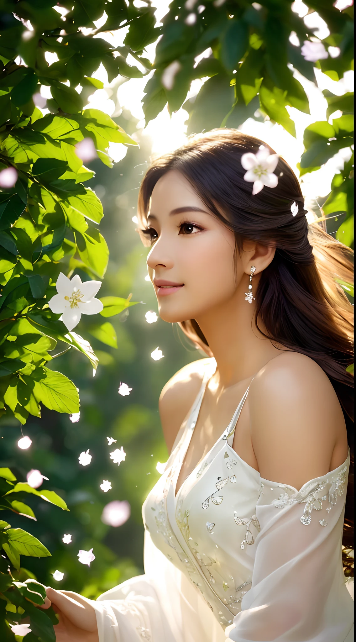 (Best quality,4K,A high resolution,Ultra-detailed,Realistic:1.37),Vivid colors,Sunlight,llight rays,bergamot,white blossoms,Beautiful girl,Exquisite features,Flowing hair,Serene expression,Garden setting,Elaborate dress,Soft sunlight,Gentle breeze,Cheerful ambiance,Backlit scene,a hint of smile,ethereal glowing,Fresh in the morning,Long shadows,harmony of nature,subtle reflections,Natural beauty,Twinkling dewdrops,Clear detail,serenity and calm,Sublime ingredients,Arrive at the branch,whispering leaves,Aromatherapy petals,with light glowing,Sparkling highlights,Subtle shadows,Soft focus,Sublime beauty,Whisper natural,Fantastical Atmosphere,Illuminated background.