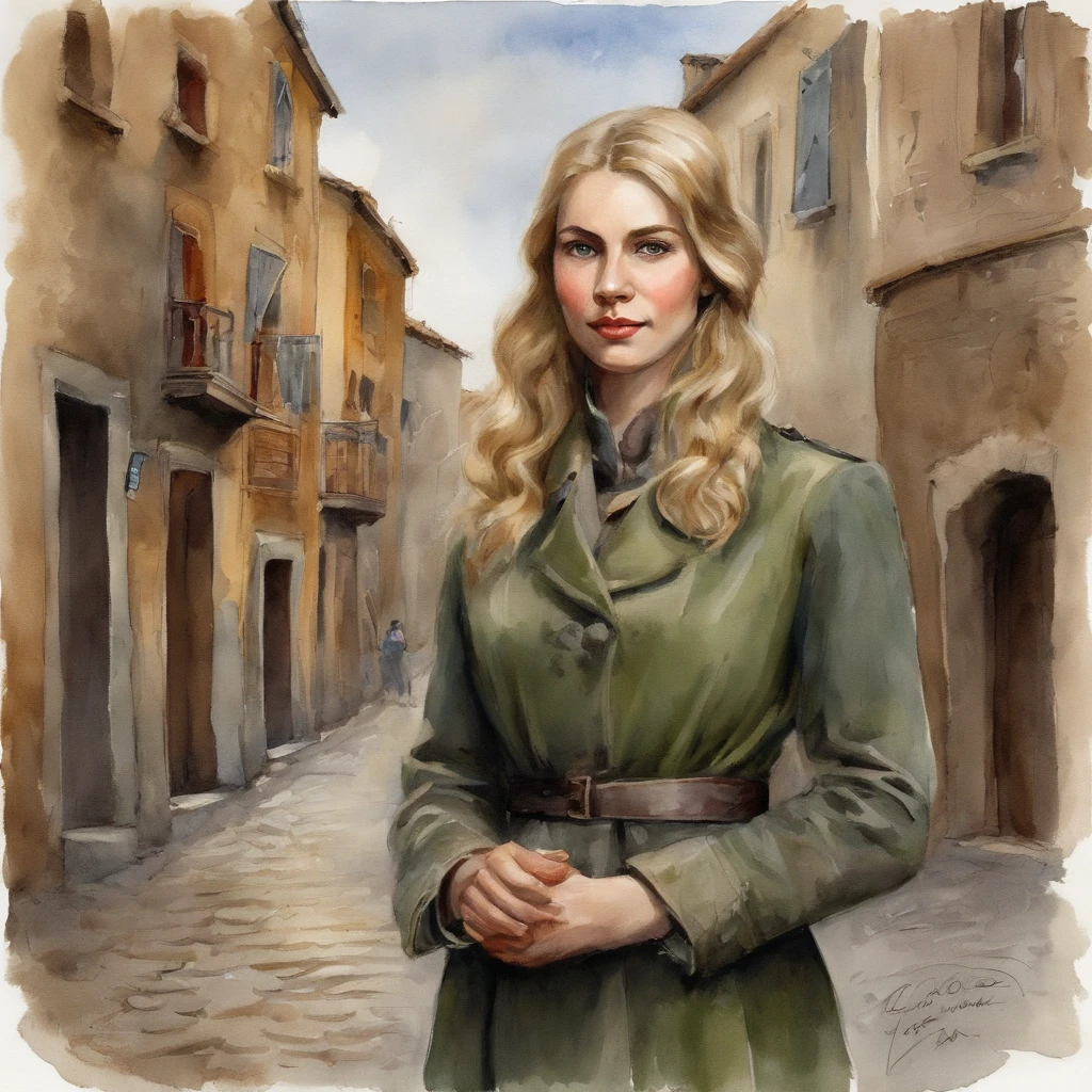 Lonely young adult girl, Tall stature, little chest, closed mouth, Slavic appearance: Green eyes; blond hair; sharp facial features; dimple on the chin; Straight nose; high nose; pronounced high cheekbones; high forehead, stands upright, military uniform: gray double-breasted overcoat; gray pants, Full-length painting, black leather gloves, in the middle of the street, Background: A street with a stone paved road with European stone houses from the first half of the 20th century, High quality shadows, High quality of light, High quality clothing, Masterpiece picture quality, max detail, Masterpiece quality.