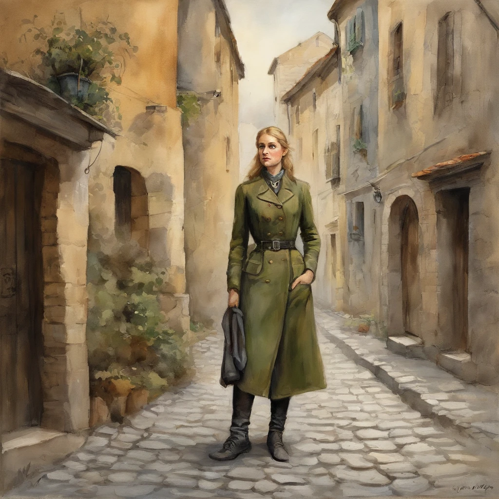 Lonely young adult girl, Tall stature, little chest, closed mouth, Slavic appearance: Green eyes; blond hair; sharp facial features; dimple on the chin; Straight nose; high nose; pronounced high cheekbones; high forehead, stands upright, military uniform: gray double-breasted overcoat; gray pants, Full-length painting, black leather gloves, in the middle of the street, Background: A street with a stone paved road with European stone houses from the first half of the 20th century, High quality shadows, High quality of light, High quality clothing, Masterpiece picture quality, max detail, Masterpiece quality.