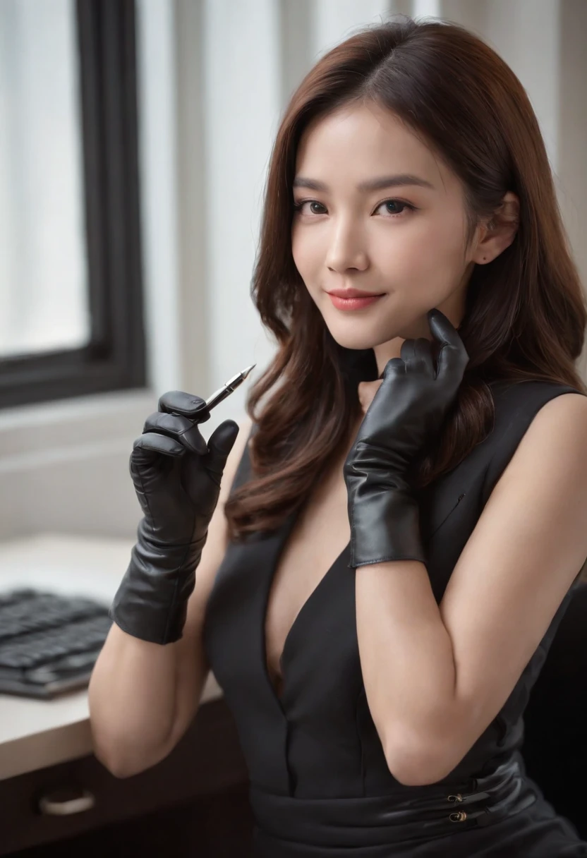 Wearing black leather gloves on both hands, Upper body, Black business suit, Facing the desk in my room with a computer in the dark, Look down and smile, Use a fountain pen to write a letter, Black hair was tied back for a long time, Japan female new employee who is still young and very cute (Black leather gloves cover both hands)