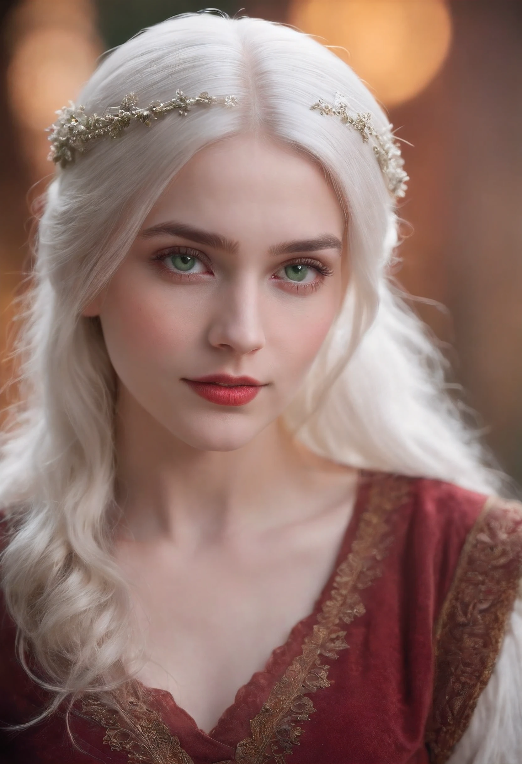 (((a deep reddish wound crosses her left cheek))) fair complexion, woman around 19 years old, natural white hair, distinctive green eyes, wearing kohl, slender and graceful, beautiful, candlelight in a medieval setting, ultra sharp focus, realistic shot, medieval female clothes, tetradic colors (scar:1.4)