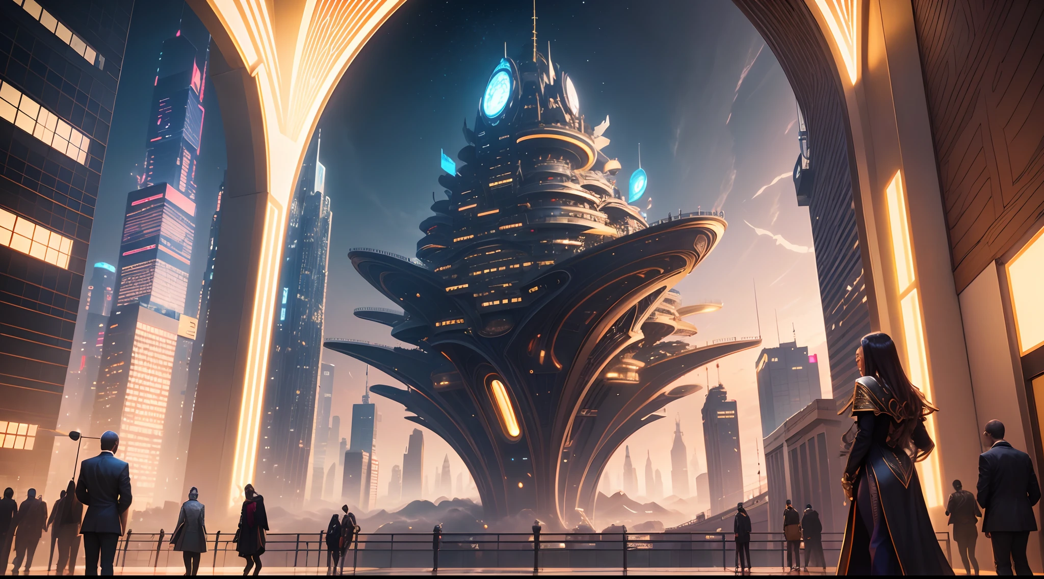 Pass charming futuristic images of the golden city，Enter a fascinating vision of the future，Golden sculpture, Golden infrastructure,  The vibrant lights of the city that never sleeps. In the midst of a bustling cityscape,  High-tech architecture, Its architectural marvel with African design is enhanced with a futuristic style，The city is full of life，Full of life。，Full of life，Full of wealth。，Full of luxury。，Full of technology。。, State-of-the-art technology blends seamlessly with traditional African luxury urban structures. This stunning work of art, ，African beauties mask highly detailed metallic and marble luster features, Use Pixai to bring powerful AI models to life, Show the limitless creativity and possibilities of our imagination. Experience the future of the cityscape at Pixai，Immerse yourself in a visionary world of art, Cinematic lighting, Artgerm style, bright vibrant colors, With rainbow lights, Highly realistic footage, Highly realistic images,