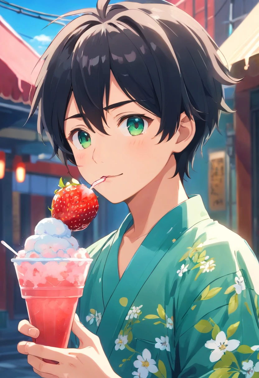 boy, 20 years old, black hair, summer yukata outfit, summer, eating strawberry shaved ice cream, cup of shaved ice, holding a cup of shaved ice in one hand, holding a spoon in the other, delicious food, wind cool, light green, detailed, best quality