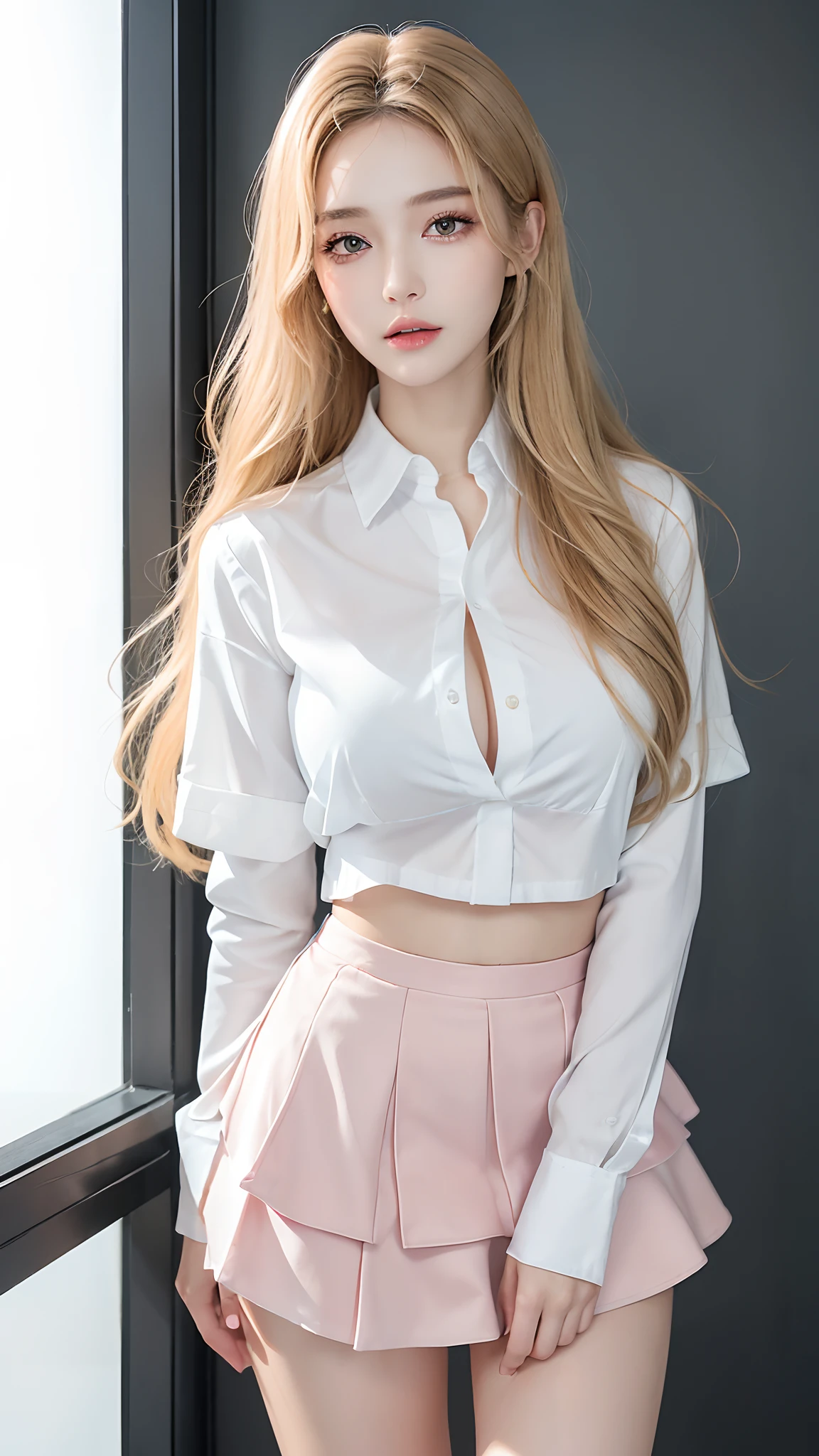 ((Best quality, 8k, Masterpiece :1.3)), Sharp focus :1.2, A pretty woman with perfect figure :1.4, Slender abs :1.3, Raw photography、超A high resolution, full body, fair white skin、shiny white skin、(wavy blonde hair)、dark brown hair、super fine eyes, super fine hand, super fine finger、Beautiful eyes with random colors、very thin lips, finely detail、elongated eyes、pale pink blush、long eyeslashes、Beautiful double eyelid、Lighting that emphasizes beautiful skin、Lustrous skin 2, ((Layered long hair, Big breasts :1.2)), Open shirt show , (detailed transparent clothing), (see throught), ((detailed White tight shirt )), ((detailed face )), ((detailed tight short skirt), water shower, luxury office :1.4, Highly detailed face and skin texture, Detailed eyes, Double eyelid
