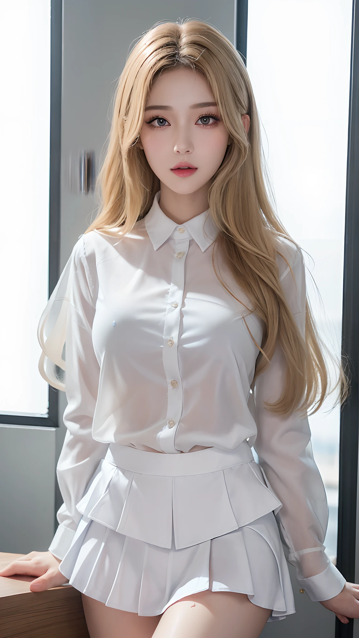 ((Best quality, 8k, Masterpiece :1.3)), Sharp focus :1.2, A pretty woman with perfect figure :1.4, Slender abs :1.3, Raw photography、超A high resolution, full body, fair white skin、shiny white skin、(wavy blonde hair)、dark brown hair、super fine eyes, super fine hand, super fine finger、Beautiful eyes with random colors、very thin lips, finely detail、elongated eyes、pale pink blush、long eyeslashes、Beautiful double eyelid、Lighting that emphasizes beautiful skin、Lustrous skin 2, ((Layered long hair, Big breasts :1.2)), Open shirt show , (detailed transparent clothing), (see throught), ((detailed White tight shirt )), ((detailed face )), ((detailed tight short skirt), water shower, luxury office :1.4, Highly detailed face and skin texture, Detailed eyes, Double eyelid