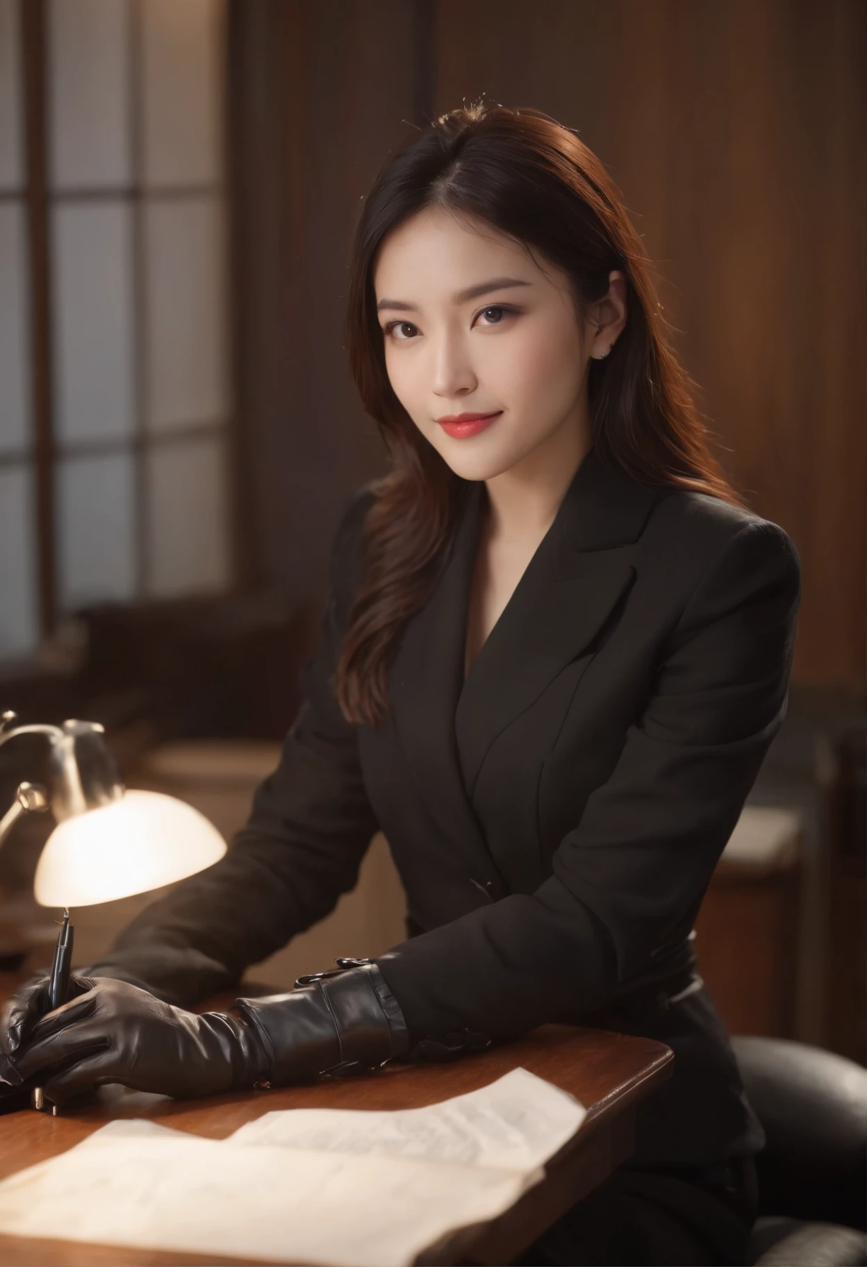 Wearing black leather gloves on both hands, Upper body, Black business suit, Facing the desk in my room with a computer in the dark, Look down and smile, Use a fountain pen to write a letter, Black hair was tied back for a long time, Japan female new employee who is still young and very cute (Black leather gloves cover both hands)