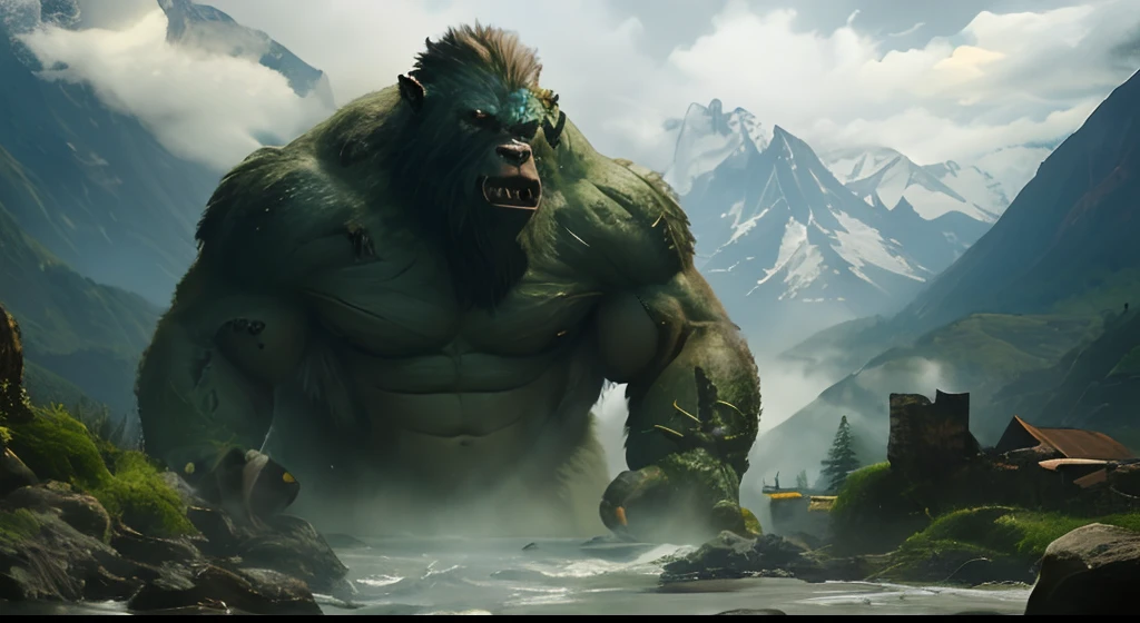 um monstro gigante no meio de um rio cercado por montanhas, Wojtek FUS, Sasquatch deslumbrante, Excessivo, montanha gigante imponente, arte fantasia behance, Orc, Um Orc, big titan creature in the center, Directed by: Darryl Zabrocki, Directed by: Raimundo Han, inspirado em Ryan Barger, arte do jogo pintura fosca, Directed by: Ryan Barger