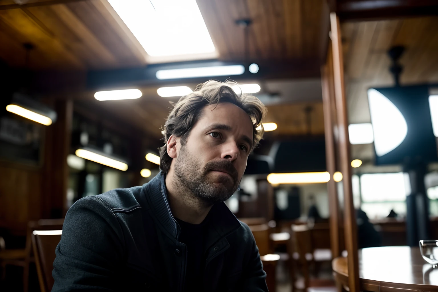 There's a man sitting at a table, Photographie selfie 8k, Ludovic Plouffe, inspired by Patrick Pietropoli, selfie d'un homme, looking intensely at the camera, Prise de vue sur Leica SL2, Denis Villeneuve Film Look, inspired by Jean-Yves Couliou, Marc Newson