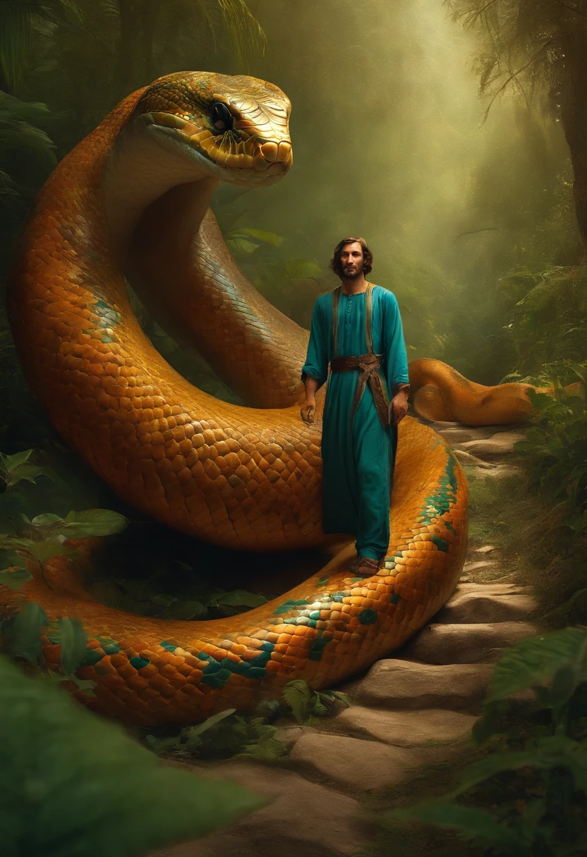 enigmatic creature with the body of a snake and the face of a charming man, leading a group of children into the unknown