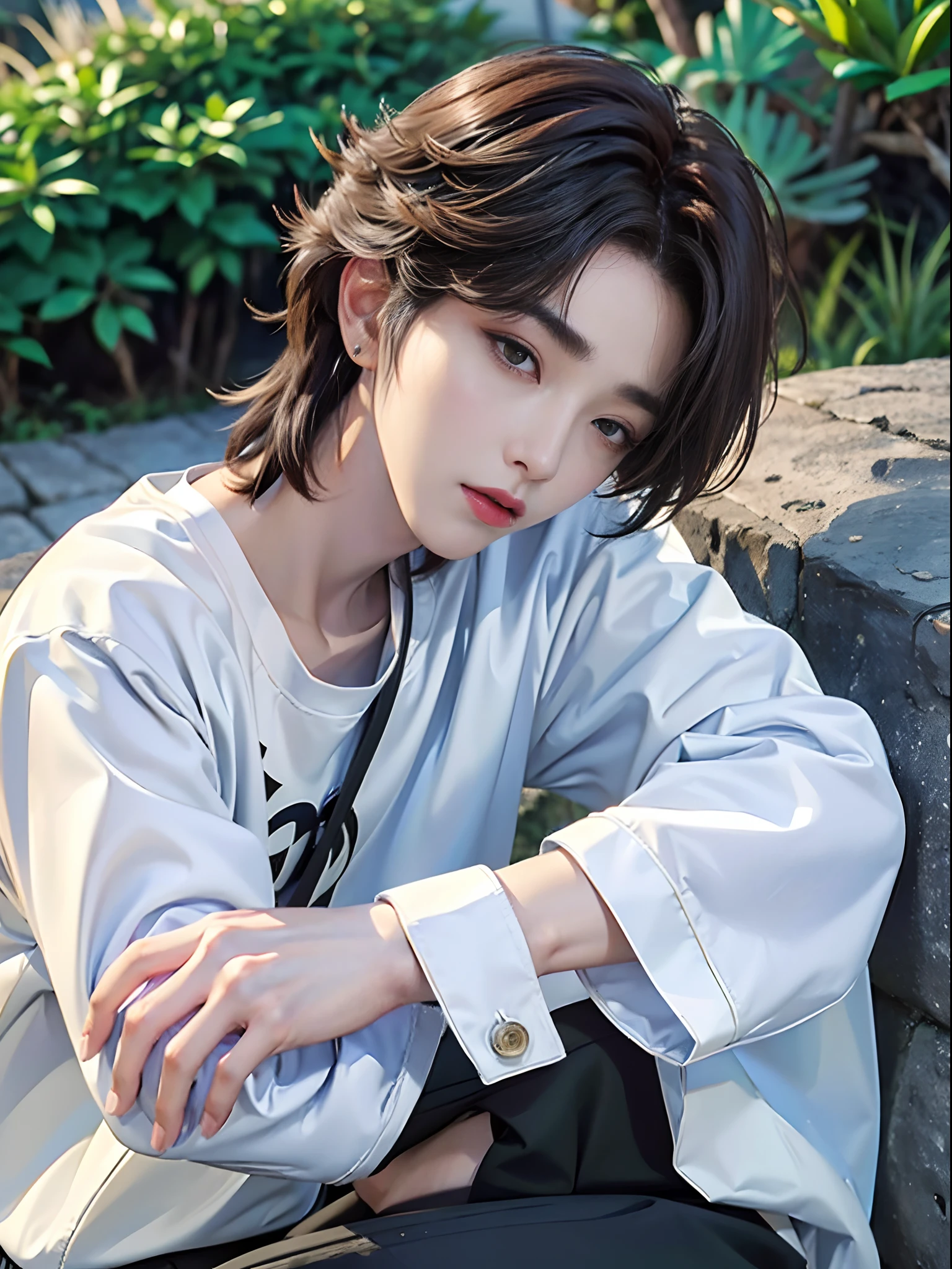 ​masterpiece、（top-quality)、((high-level image quality))、One Manly Boy、Slim body、((White Y-shirt and long black pants))、(Detailed beautiful eyes)、September Night Road、sitting on a curb、Face similar to Chaewon in Ruseraphim、((short hair above the ears))、((Smaller face))、((Neutral face))、((Light brown eyes))、((Korean boy))、((18year old))、((Handsome man))、((Wild look))、((Korean Makeup))、((elongated and sharp eyes))、((Sit next to the viewer))、((shot from a side angle))、((The upper part of the body))